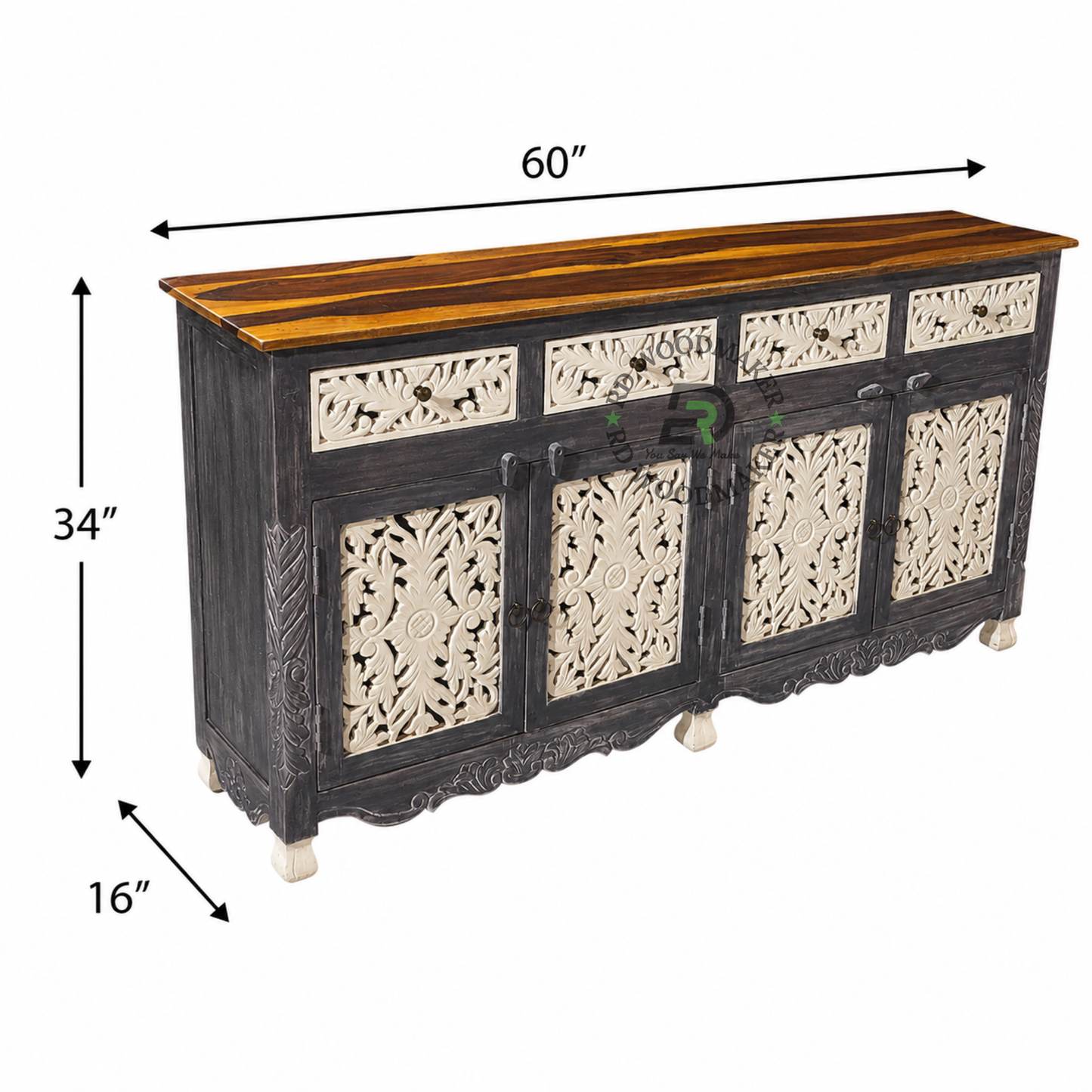 HANDCARVED BLACK & IVORY WOODEN SIDEBOARD