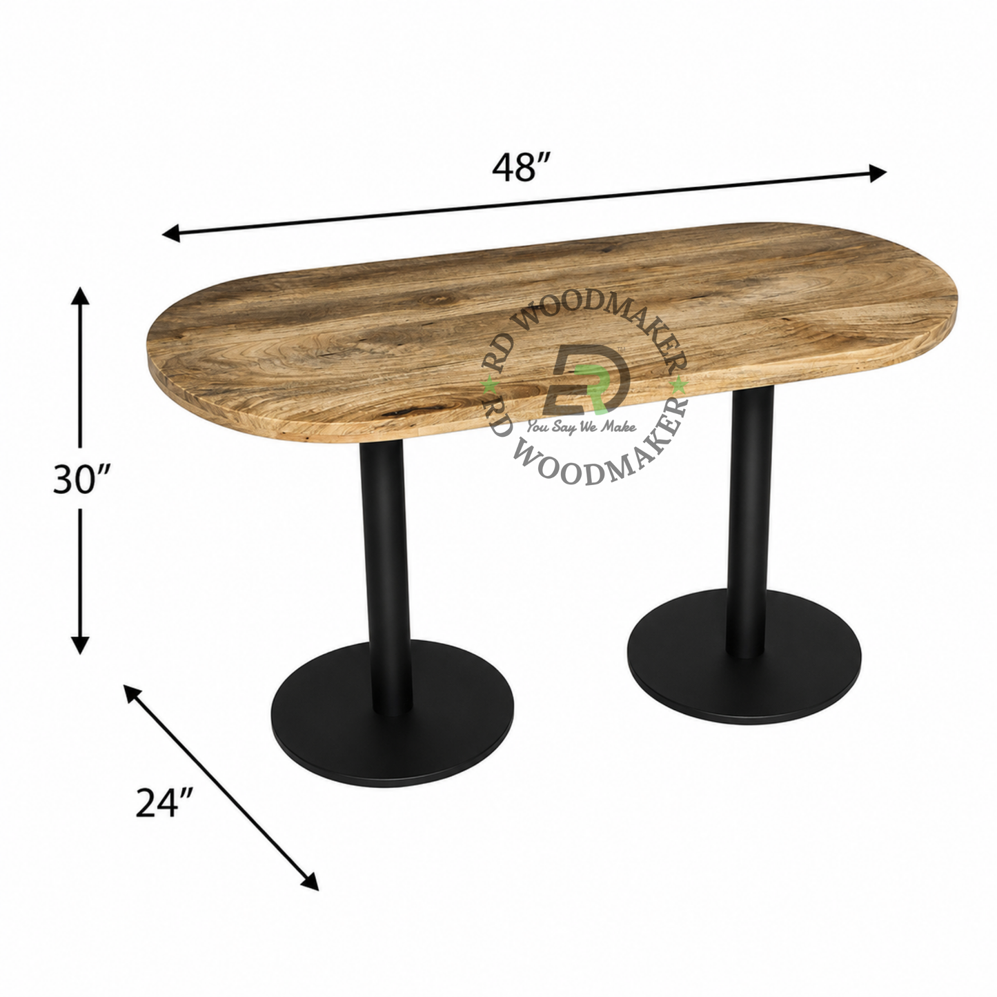 OVAL WOODEN DINING TABLE WITH TWIN ROUND METAL PEDESTSTAL BASE