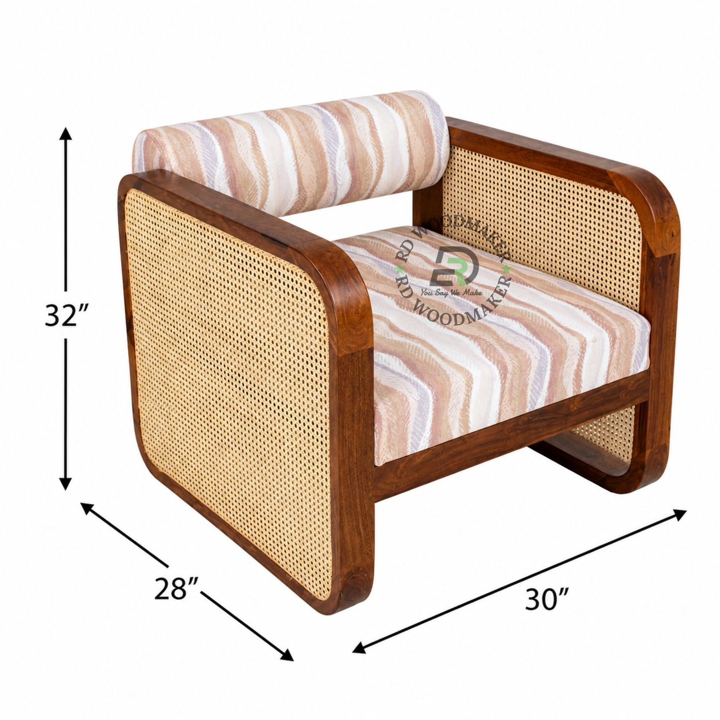WOODEN CANE ARMCHAIR WITH PATTERNED UPHOLSTERY