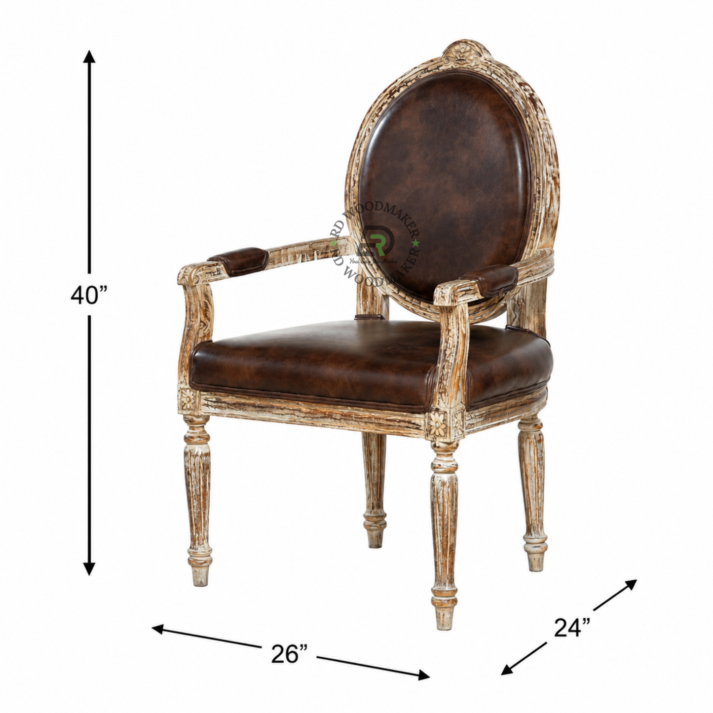 PREMIUM VINTAGE CARVED WOODEN ARMCHAIR WITH BROWN LEATHERETTE UPHOLSTERY