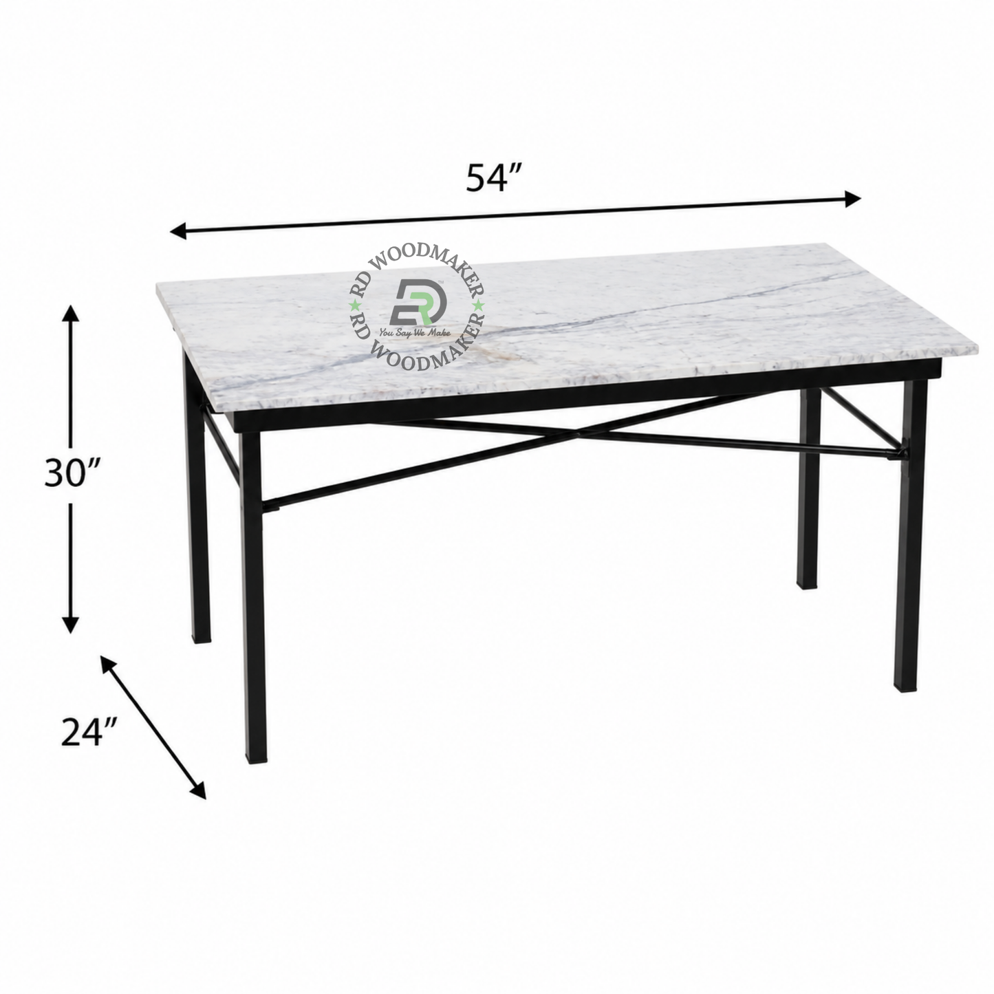 RECTANGULAR WHITE MARBLE-TOP DINING TABLE WITH CROSS-BRACED METAL FRAME