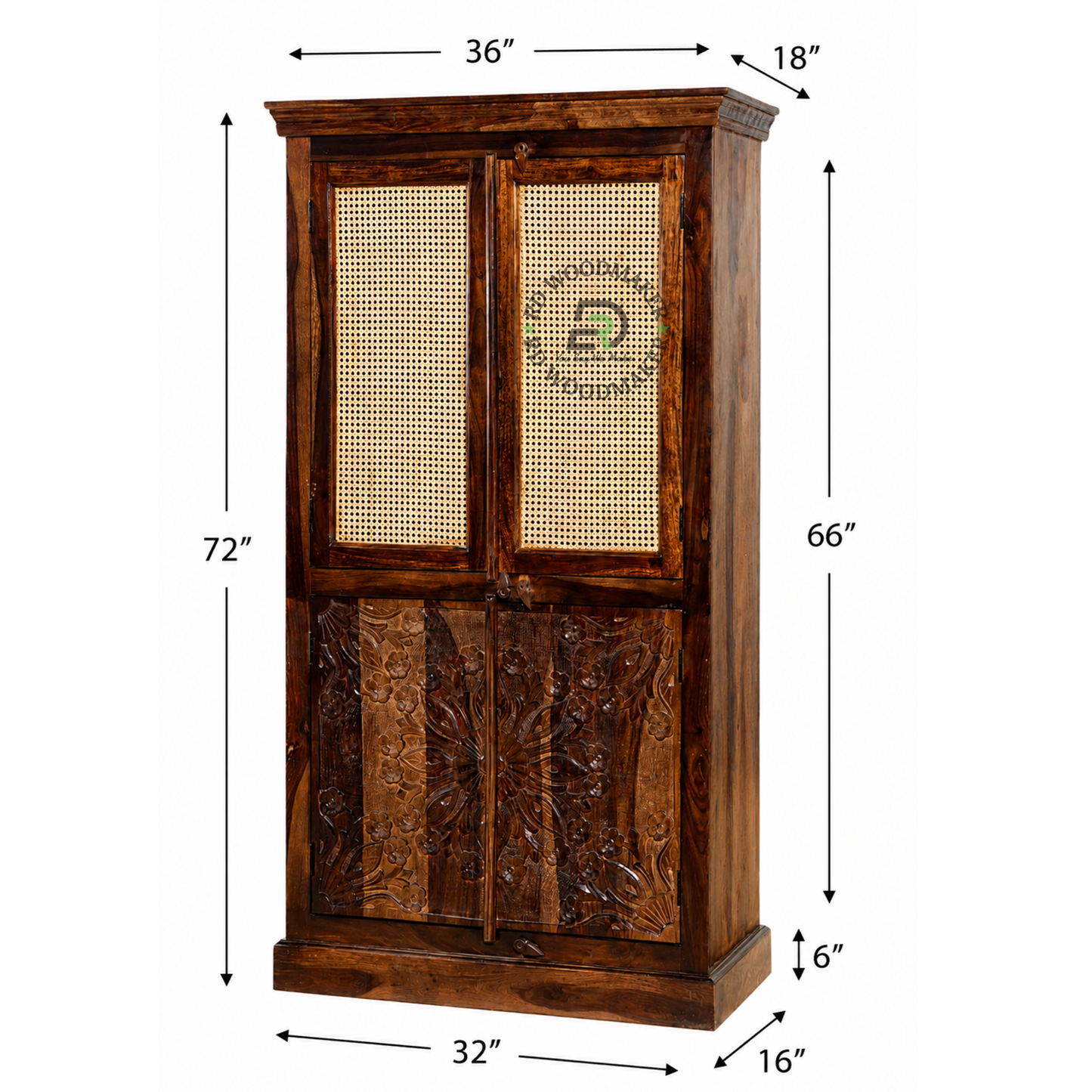 HERITAGE CANE SOLID WOOD 2 DOOR WARDROBE WITH HANDCARVED PANEL