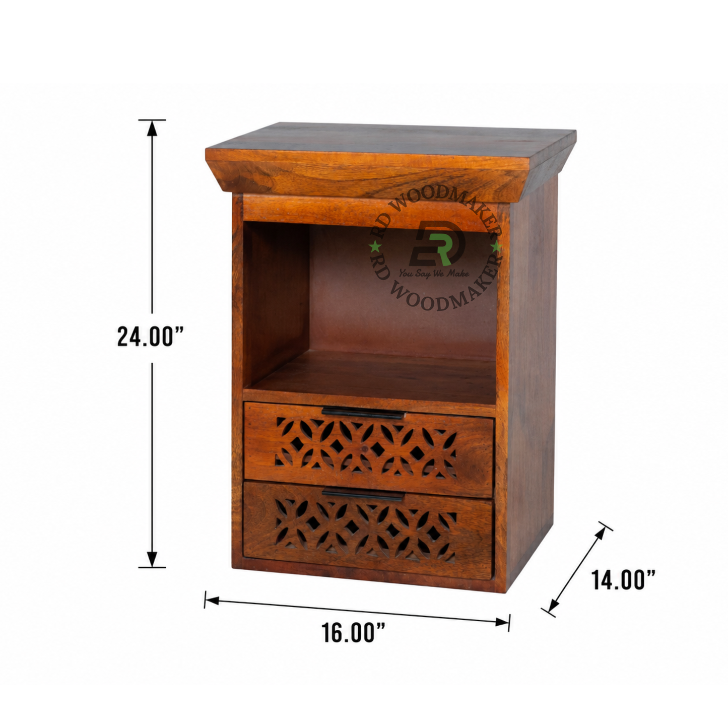 MODERN CARVED SOLID WOOD 2 DRAWER BEDSIDE TABLE