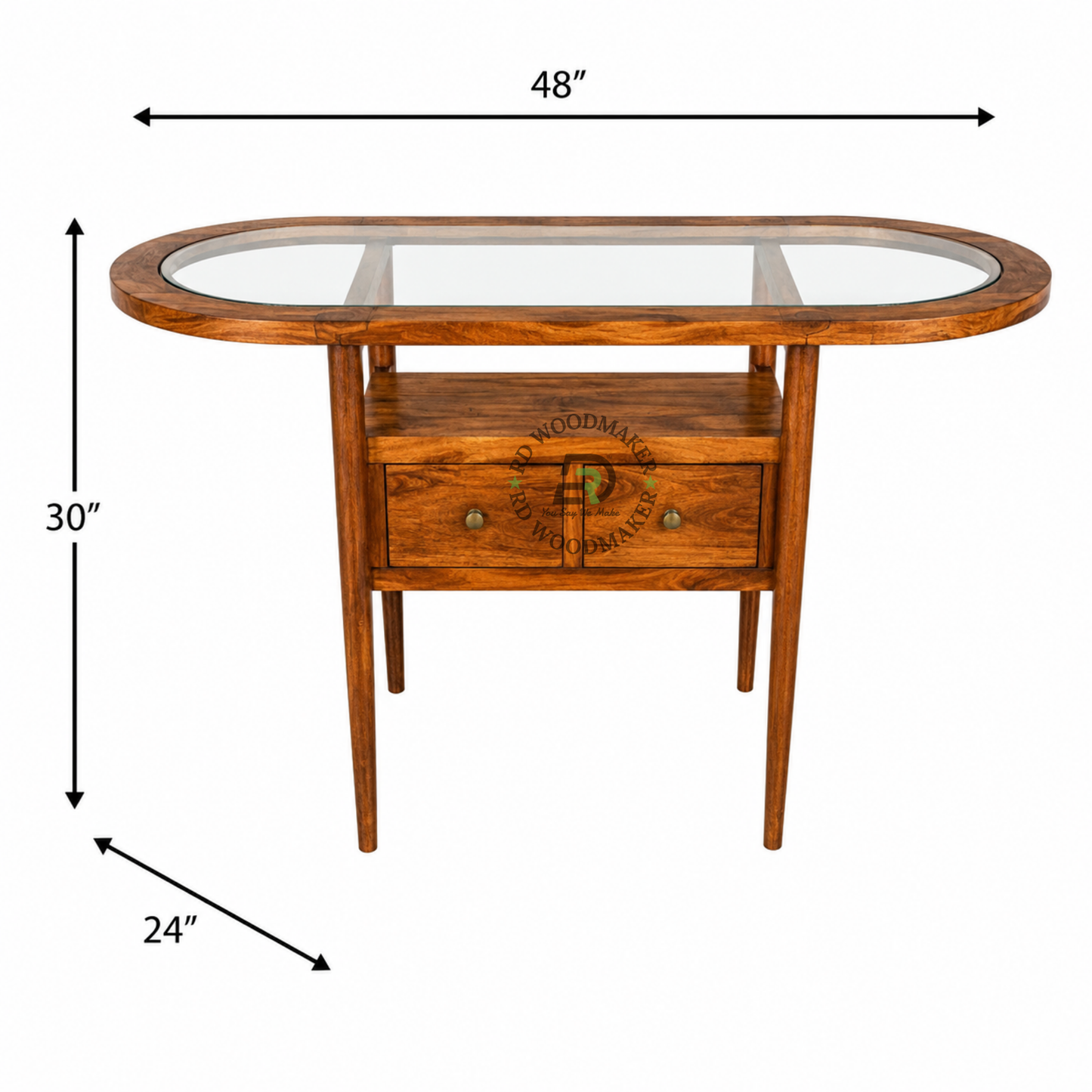 OVAL GLASS-TOP WOODEN CONSOLE TABLE WITH SHELF & DOUBLE DRAWERS