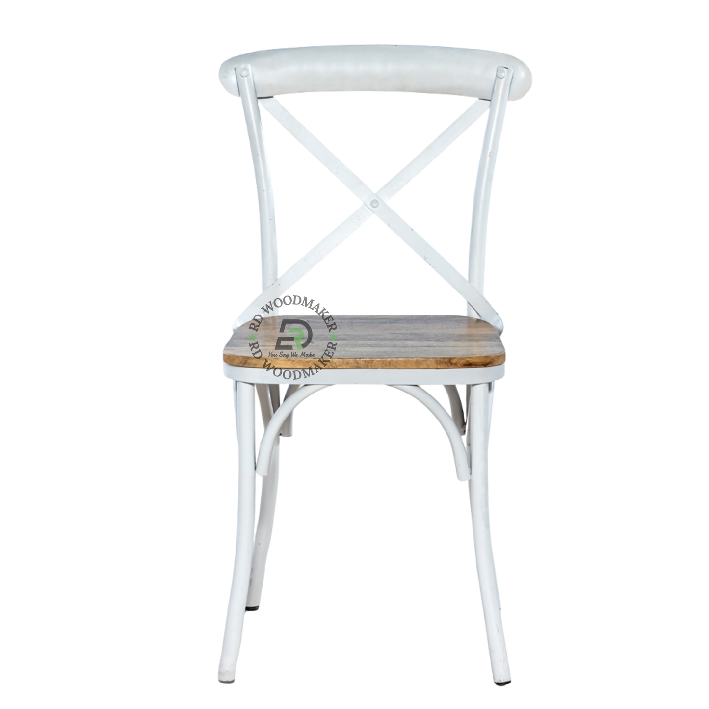 PREMIUM WHITE CROSS BACK METAL DINING CHAIR WITH WOODEN SEAT