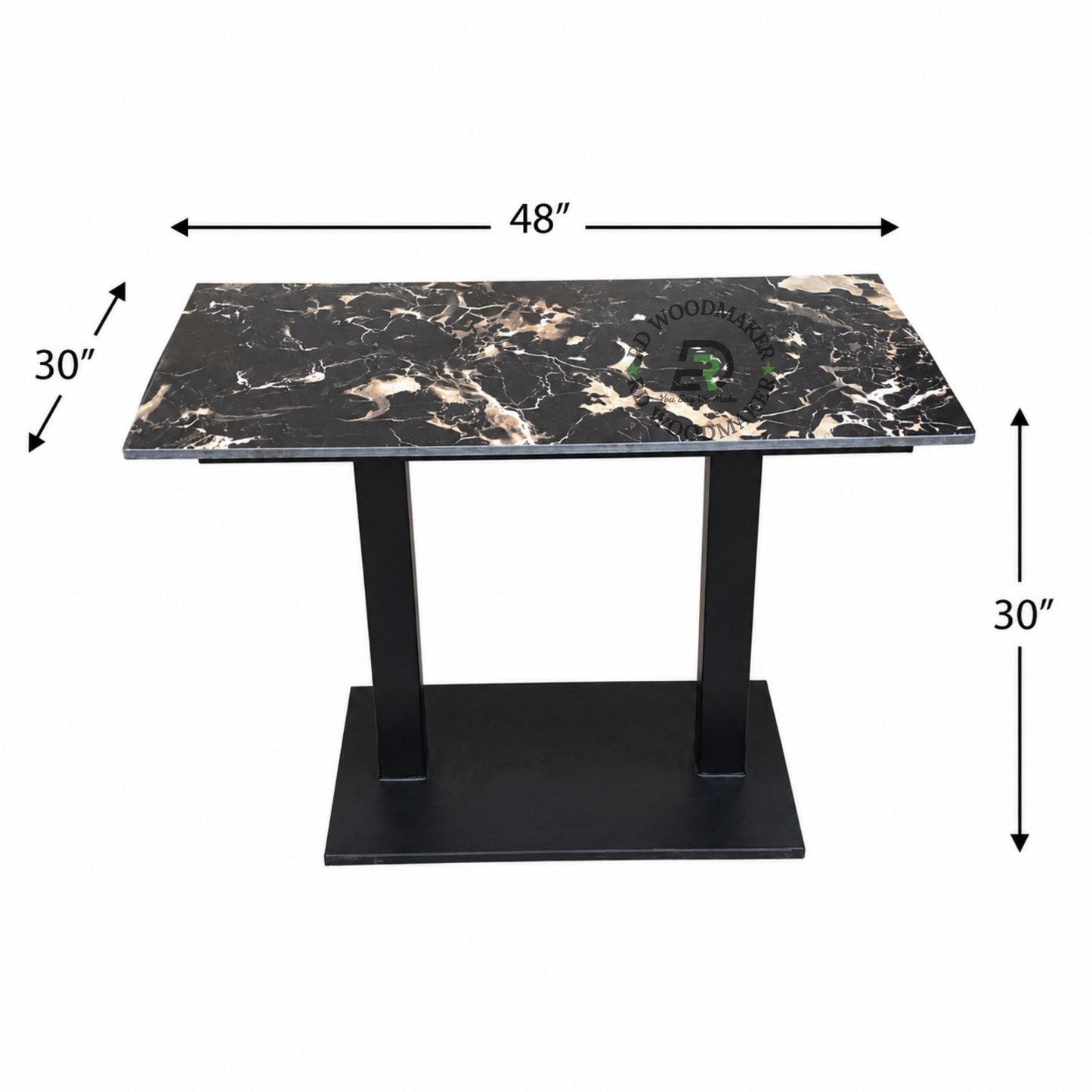 BLACK MARBLE-TOP DINING TABLE WITH DOUBLE COLUMN PLATFORM BASE