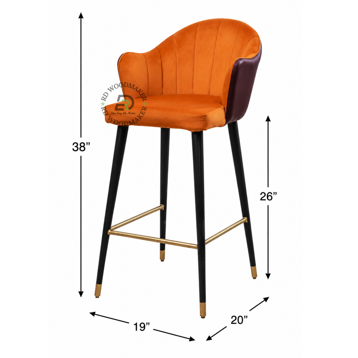 PREMIUM ORANGE VELVET BAR CHAIR WITH CHANNEL-TUFTED BACKREST