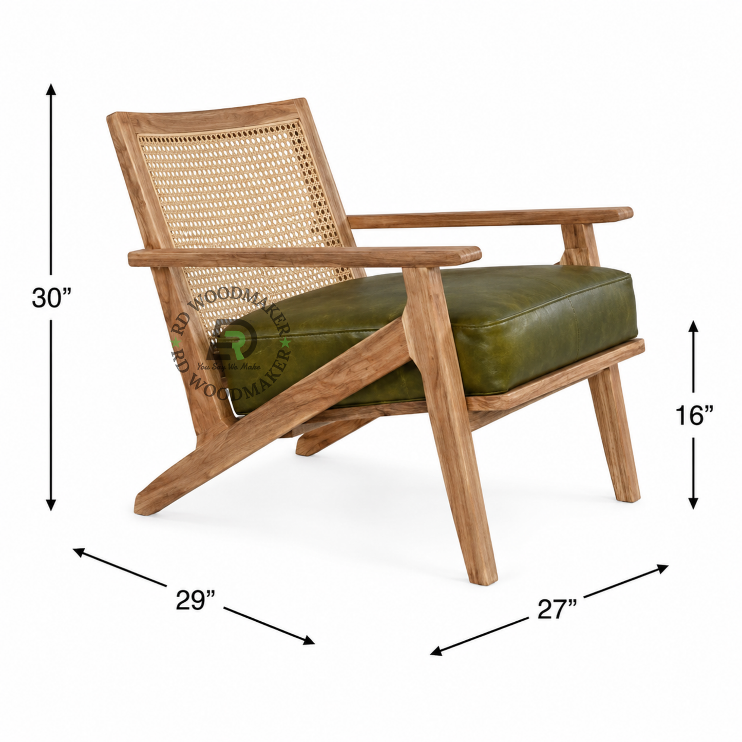 PREMIUM SOLID WOOD CANE LOUNGE ARMCHAIR WITH OLIVE GREEN CUSHION