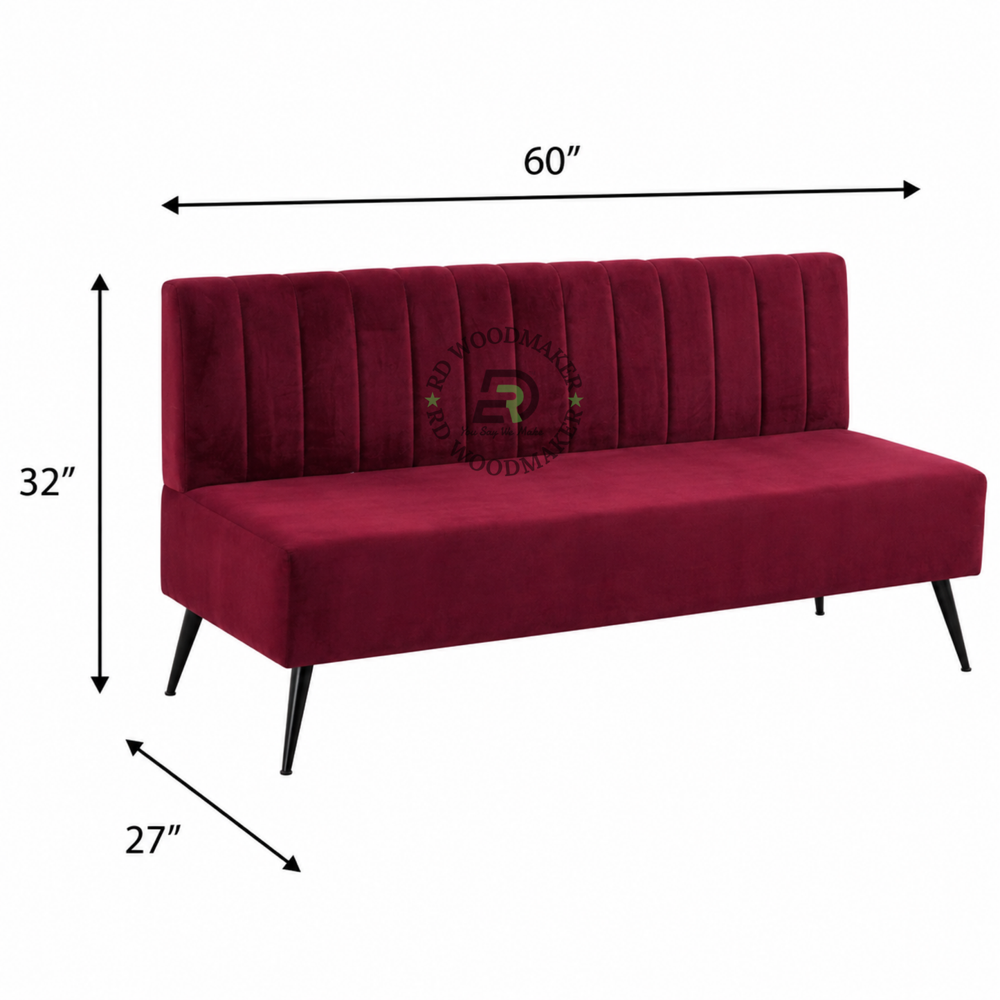LUXURY BURGUNDY CHANNEL-TUFTED THREE-SEATER SOFA WITH BLACK METAL LEGS