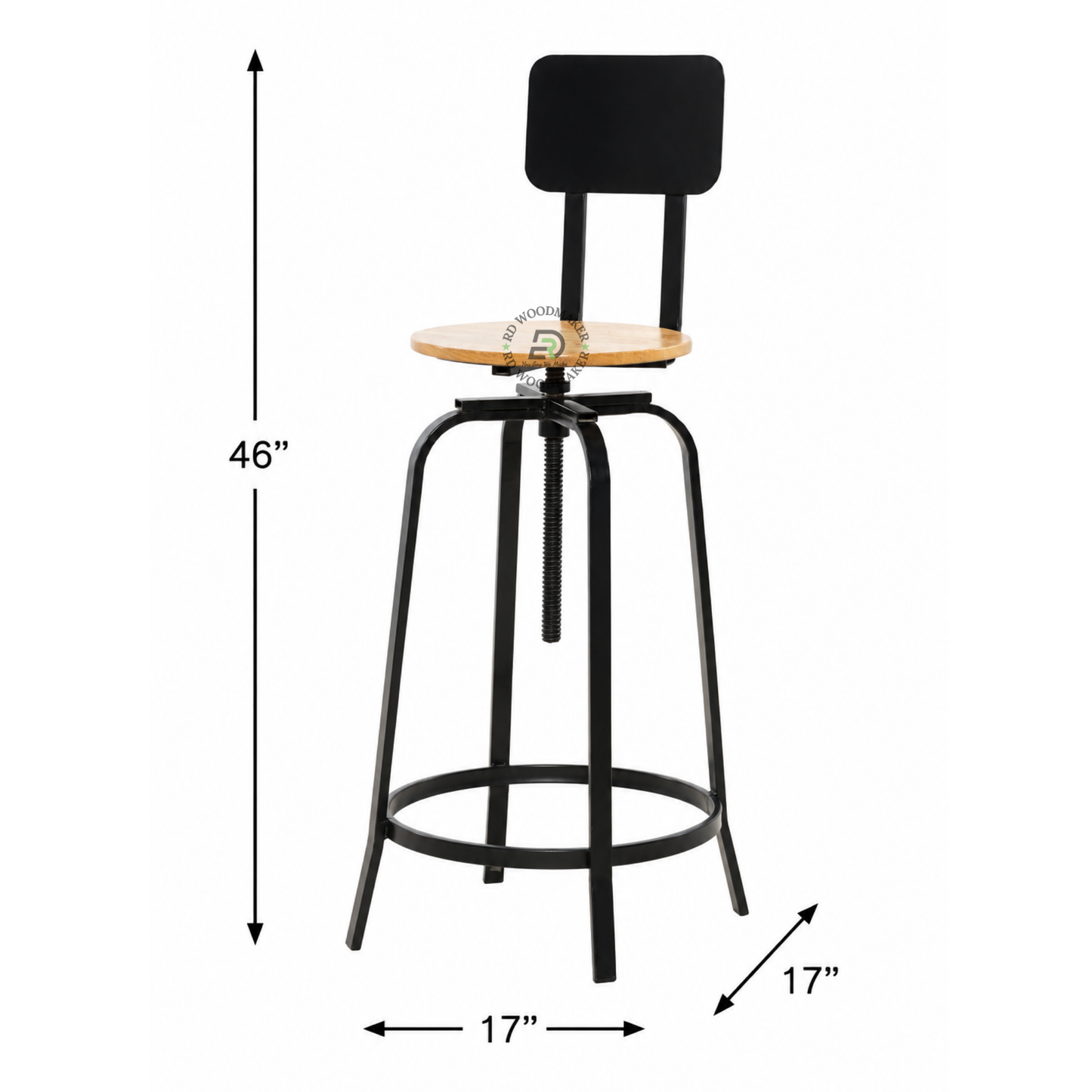 PREMIUM INDUSTRIAL ADJUSTABLE WOODEN BAR STOOL WITH BACKREST