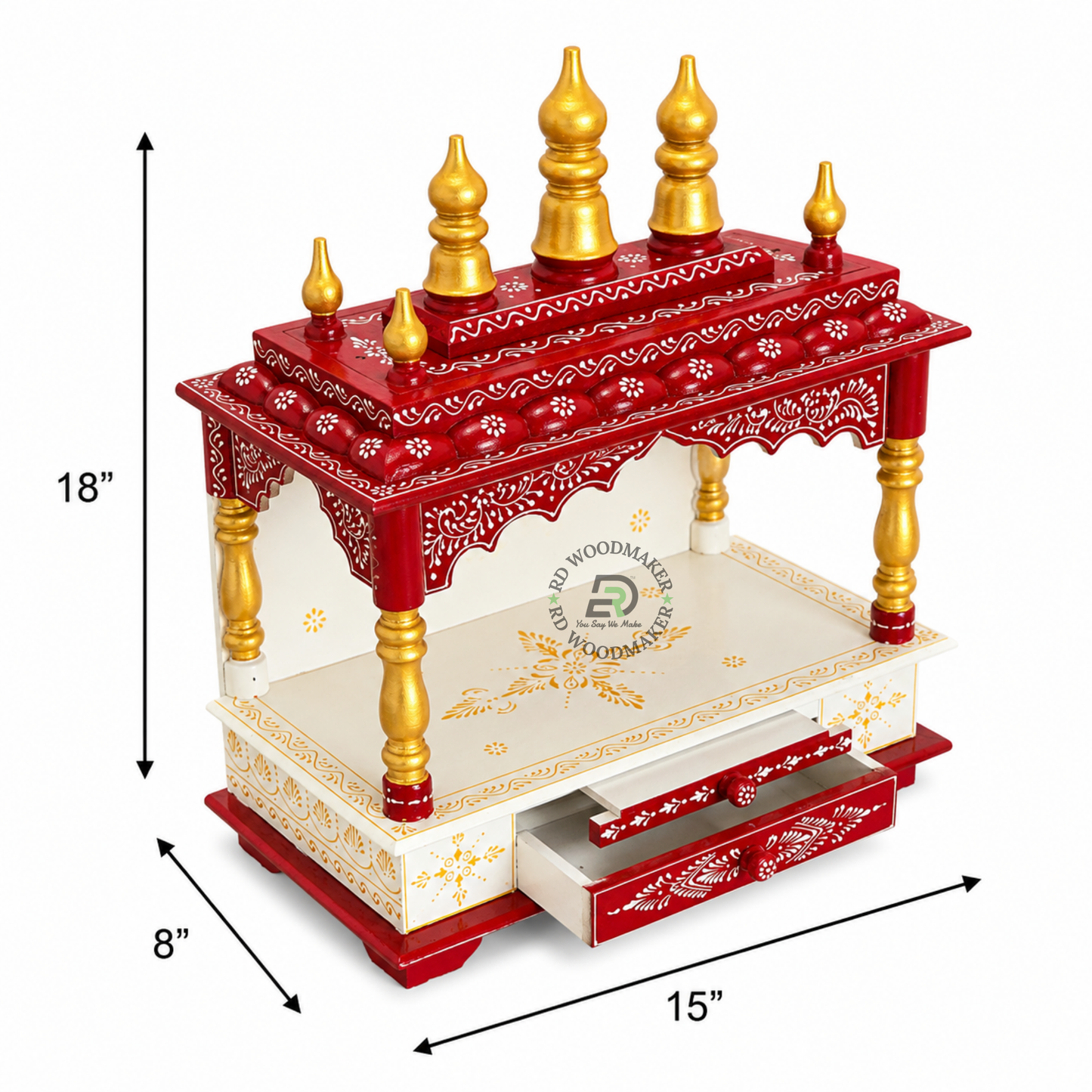 PREMIUM SMALL IVORY & RED WOODEN HOME TEMPLE WITH OPEN SHRINE & DOUBLE DRAWERS