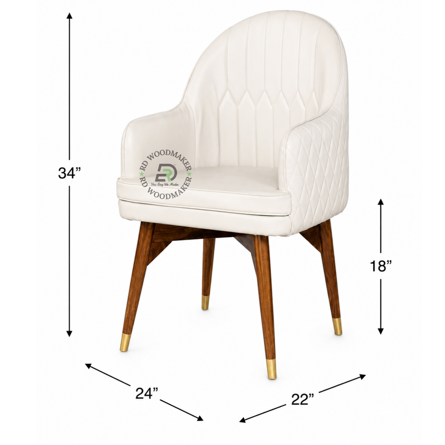 PREMIUM WHITE UPHOLSTERED ARMCHAIR WITH WOODEN LEGS & GOLD CAPS
