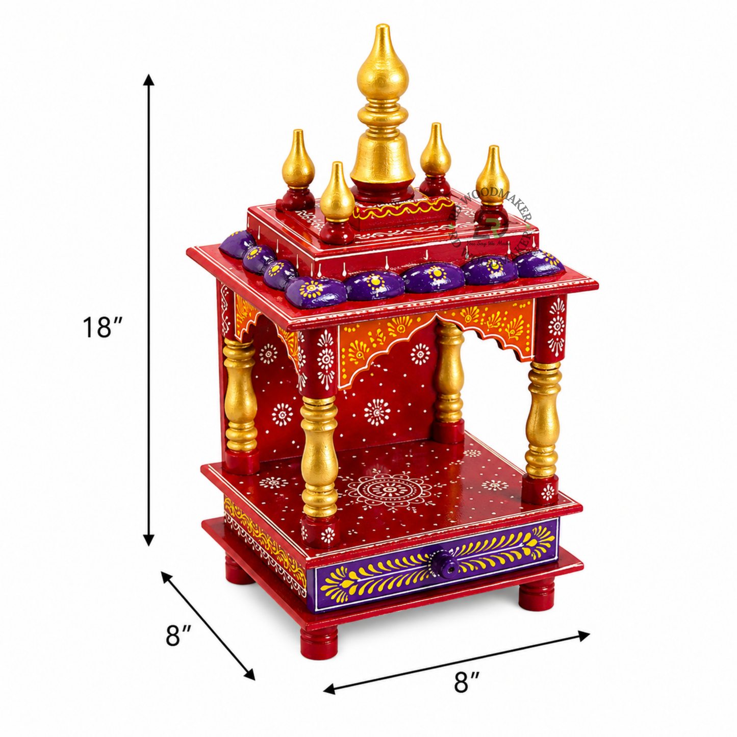 PREMIUM COMPACT HAND-PAINTED RED WOODEN HOME TEMPLE WITH OPEN SHRINE & STORAGE DRAWER
