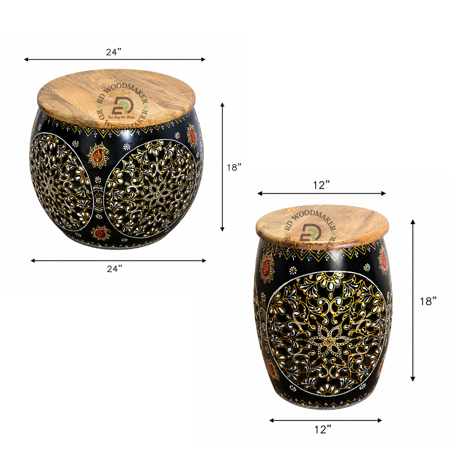 HAND-PAINTED METAL DRUM SIDE TABLE SET WITH WOODEN TOPS