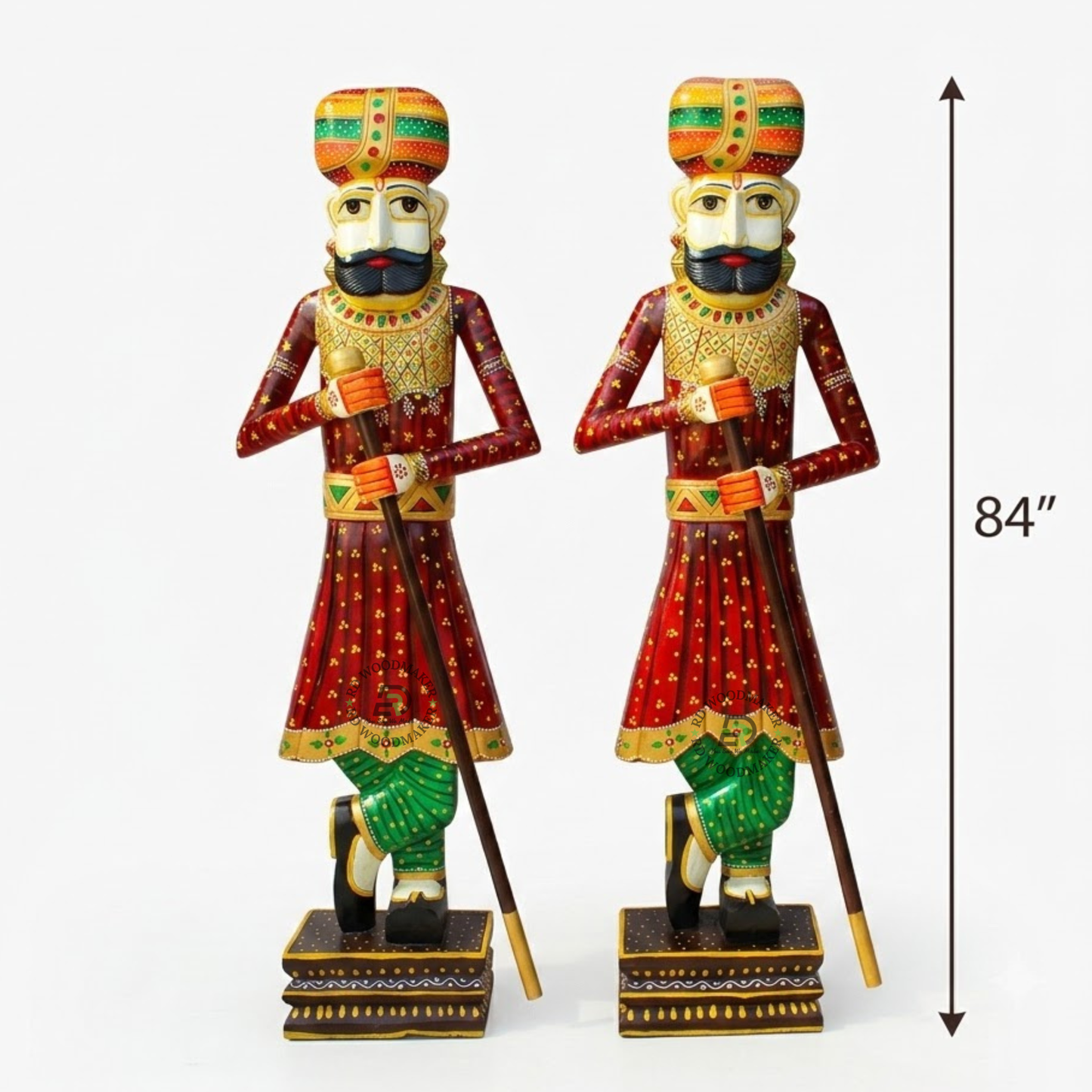 HAND-PAINTED RAJASTHANI ROYAL GUARD WOODEN STATUE SET OF 2