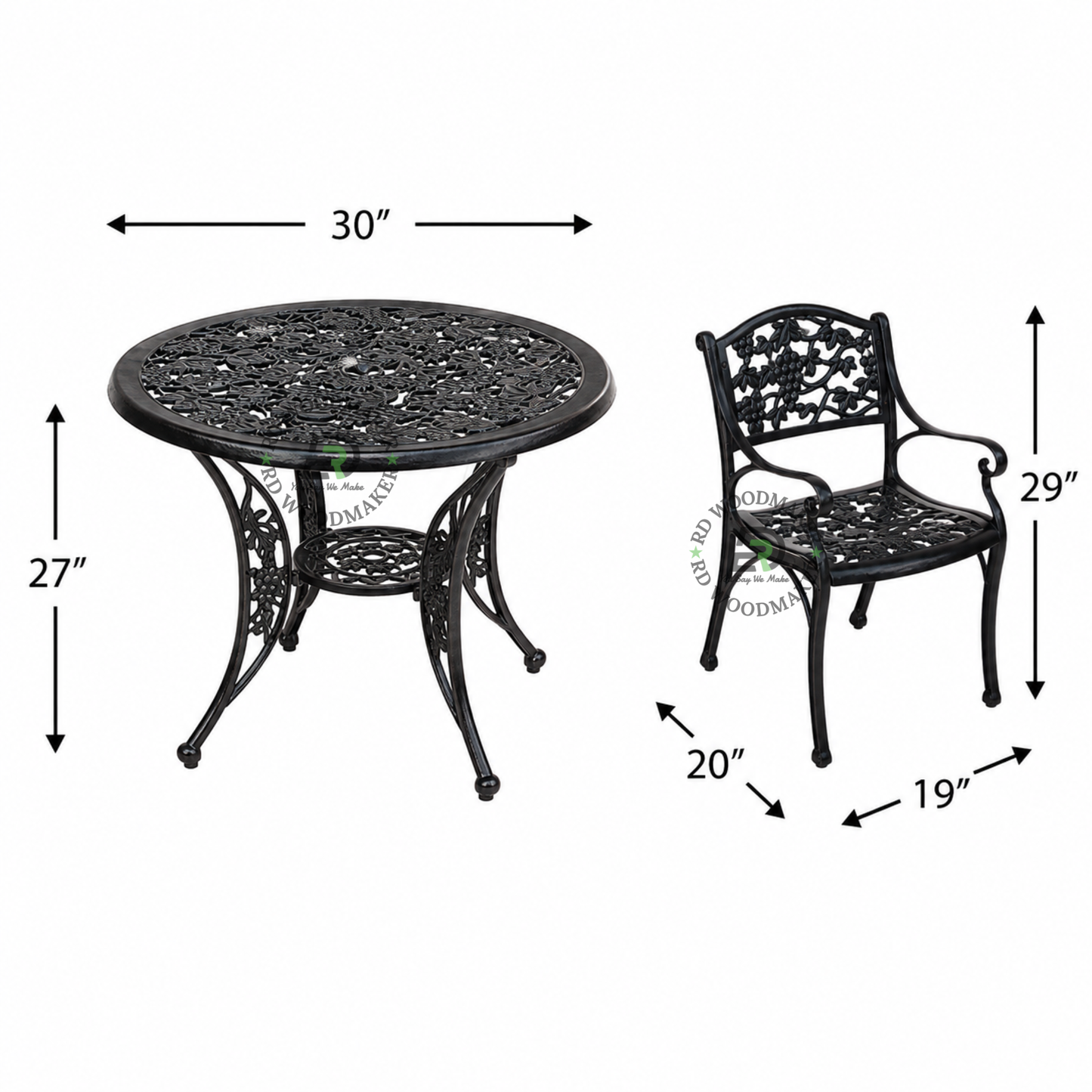 CLASSIC BLACK FLORAL METAL ROUND TABLE & ARMCHAIR SET