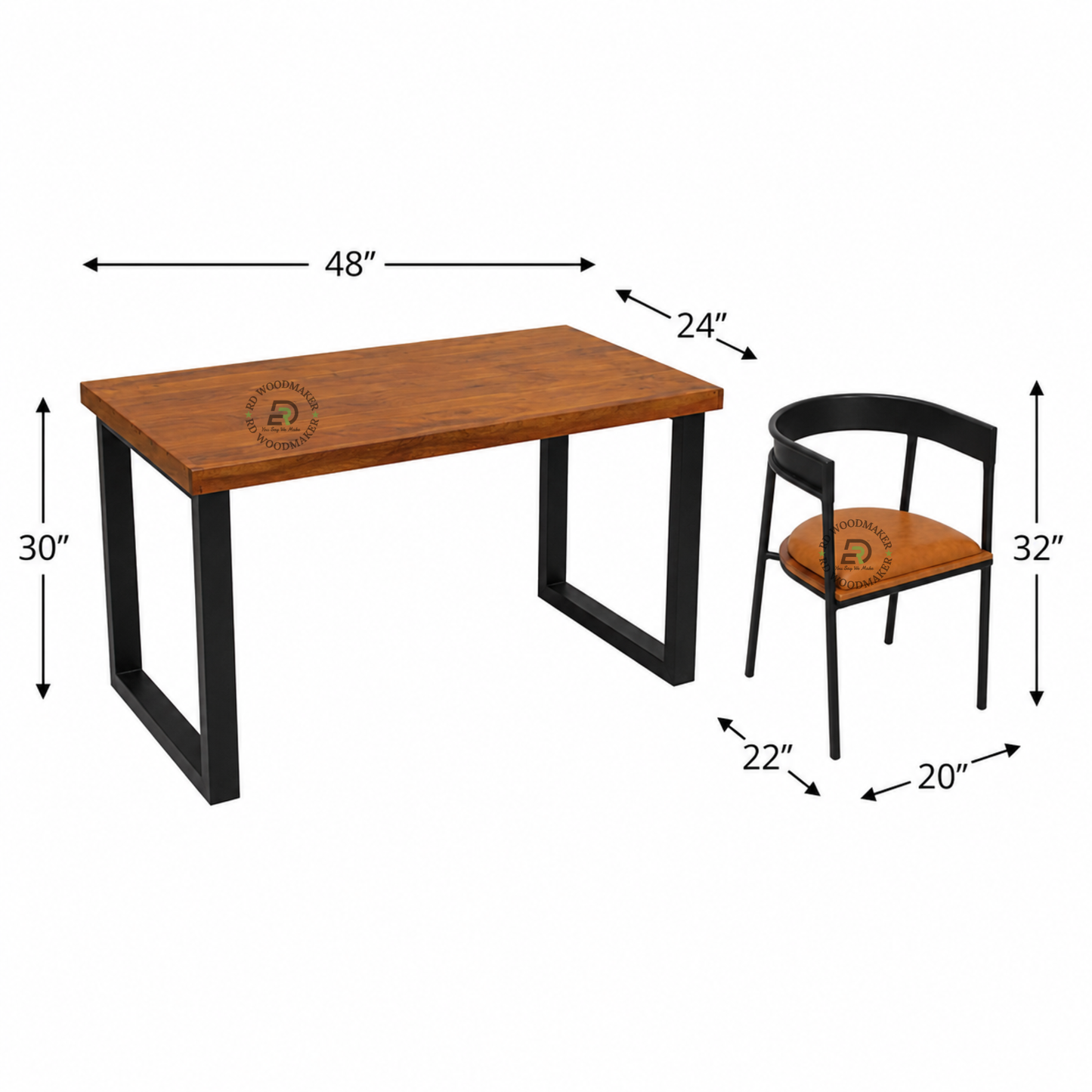 INDUSTRIAL WOOD & BLACK METAL DINING TABLE WITH CUSHIONED ARMCHAIR SET