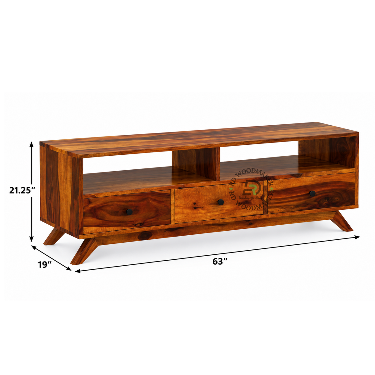 ELVAN SOLID WOOD TV UNIT WITH OPEN SHELF & THREE DRAWERS