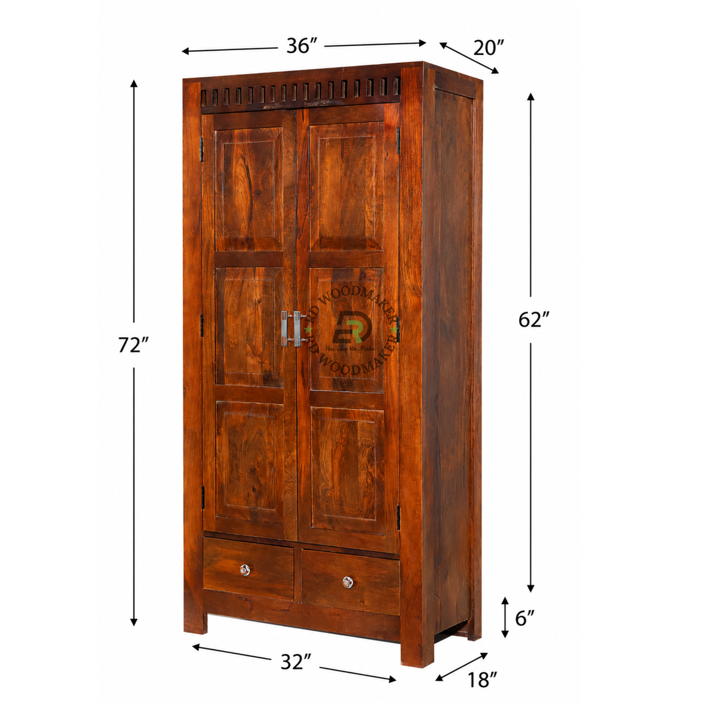 REGAL SOLID WOOD 2 DOOR WARDROBE WITH DOUBLE DRAWERS