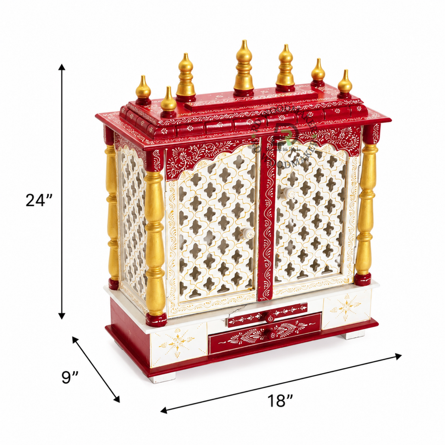 PREMIUM HAND-PAINTED RED & IVORY WOODEN HOME TEMPLE WITH JALI DOUBLE DOORS & DOUBLE STORAGE DRAWERS