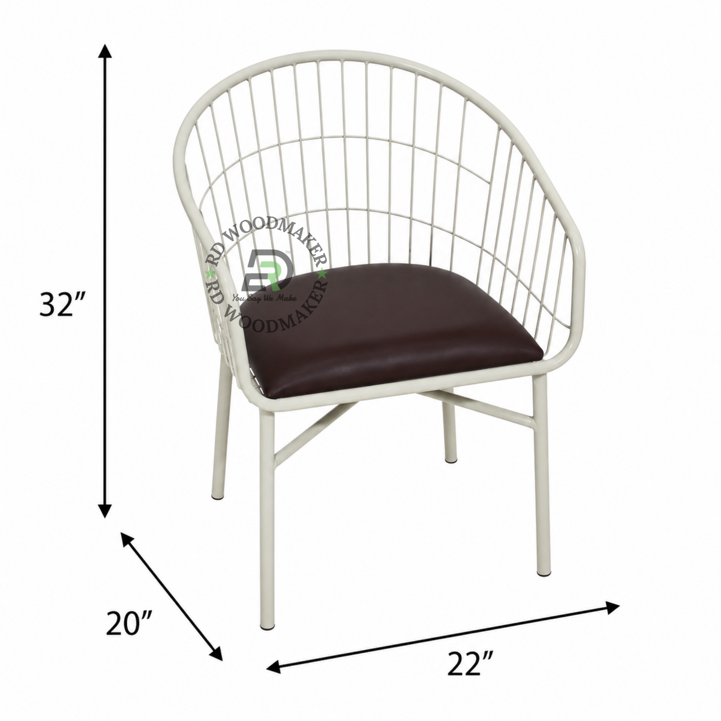 WHITE METAL WIRE TUB ARMCHAIR WITH BROWN CUSHION