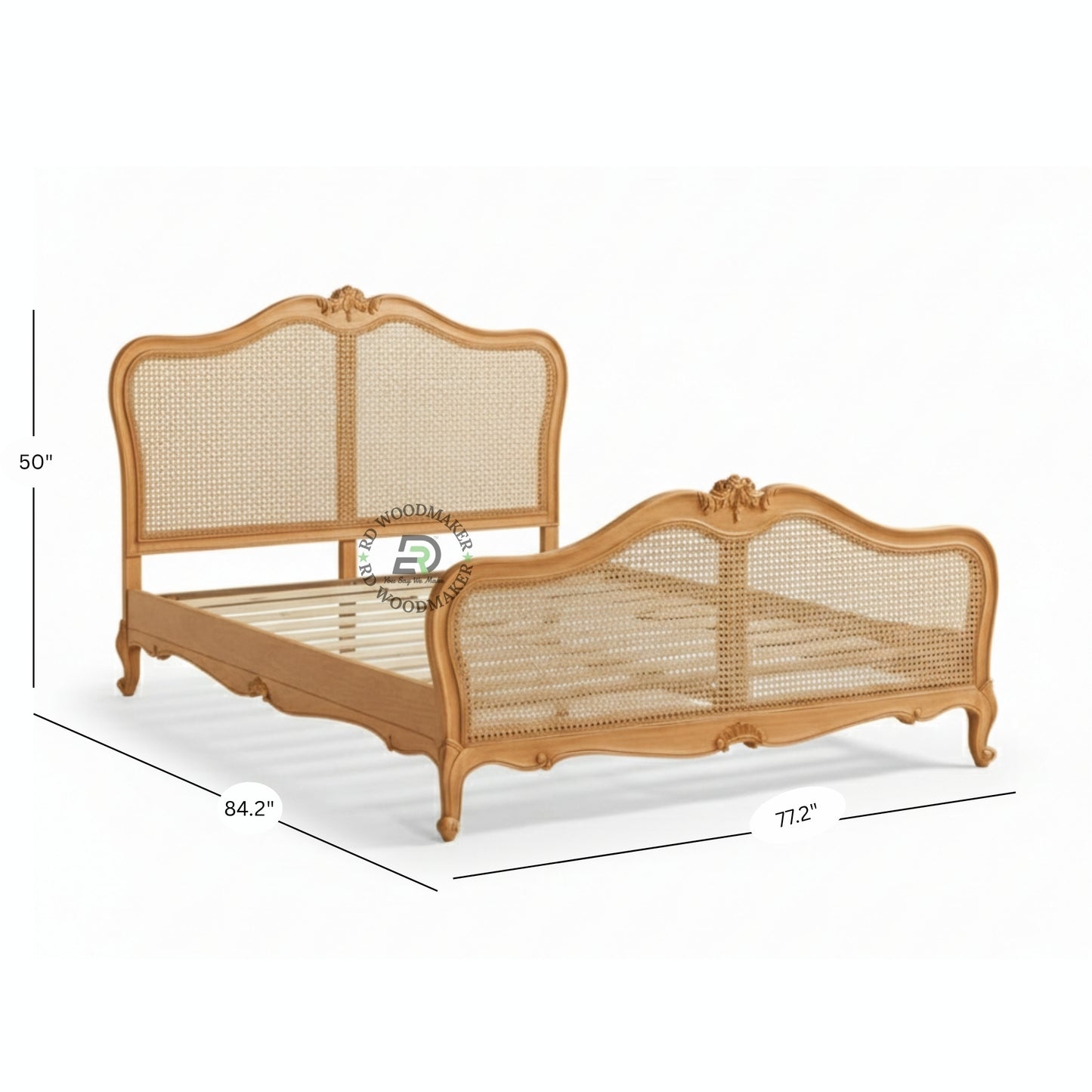 FRENCH PROVINCIAL SOLID WOOD CARVED BED WITH RATTAN CANE PANELS