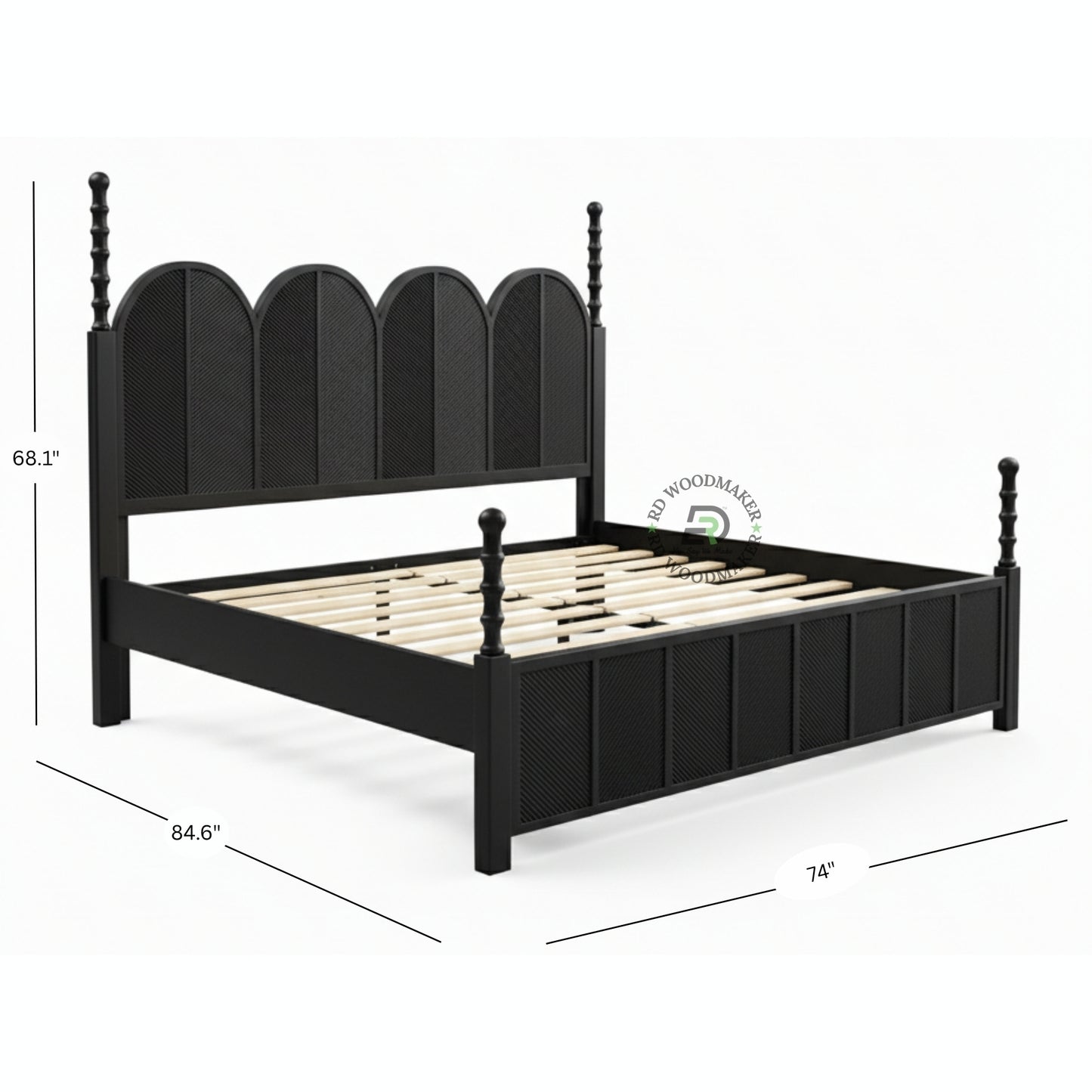 CONTEMPORARY BLACK SOLID WOOD BED WITH ARCHED RATTAN PANELS