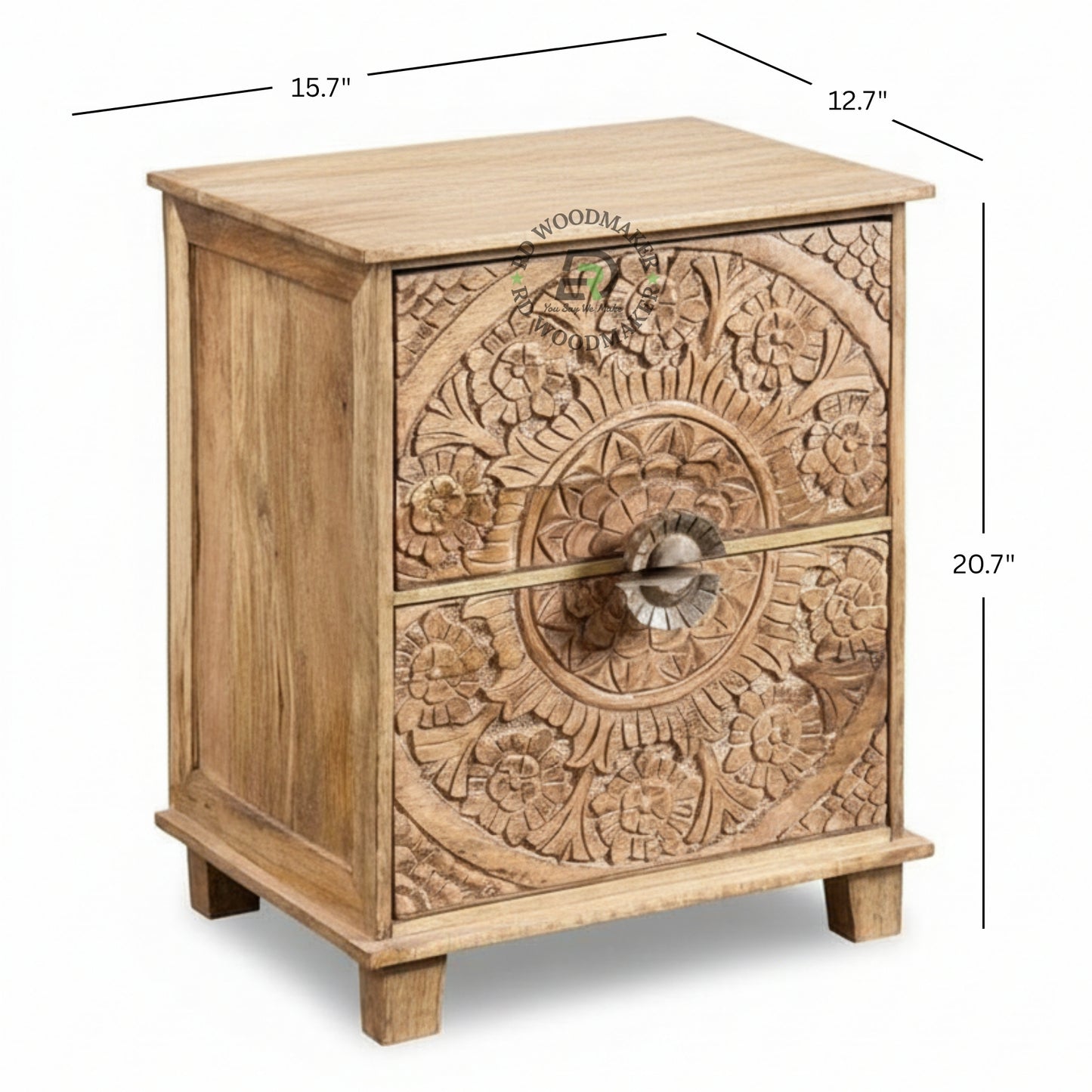 HAND CARVED FLORAL WOODEN BEDSIDE TABLE