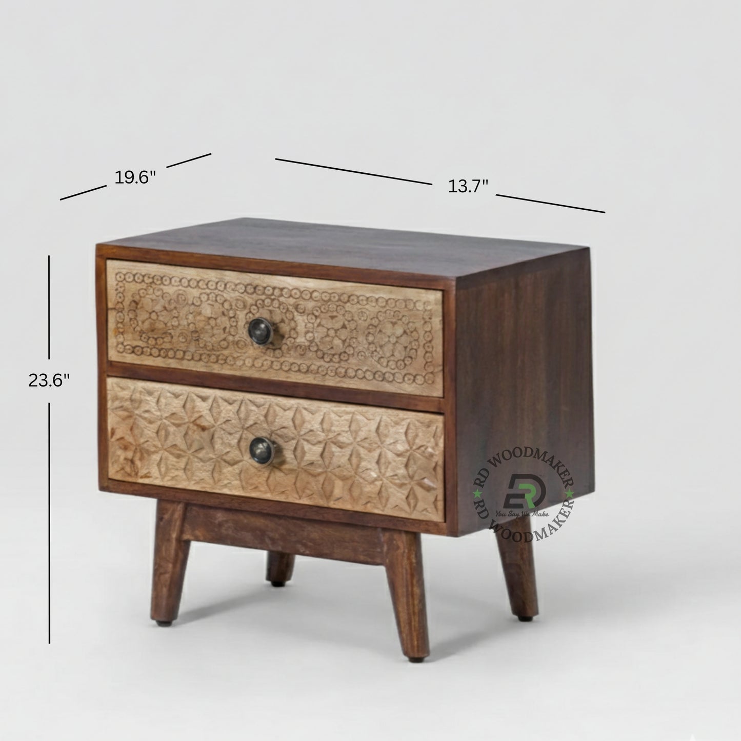 HAND CARVED DUAL PATTERN WOODEN BEDSIDE TABLE