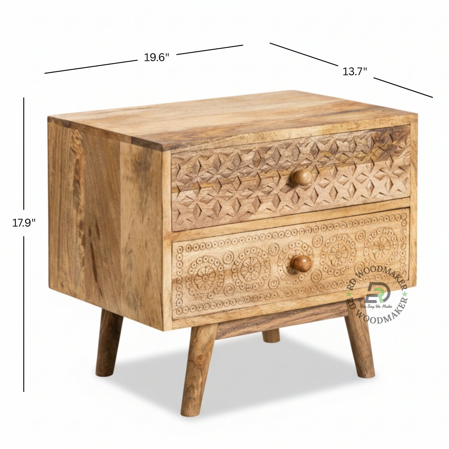 ELEGANT CARVED WOODEN BEDSIDE TABLE WITH 2 DRAWERS