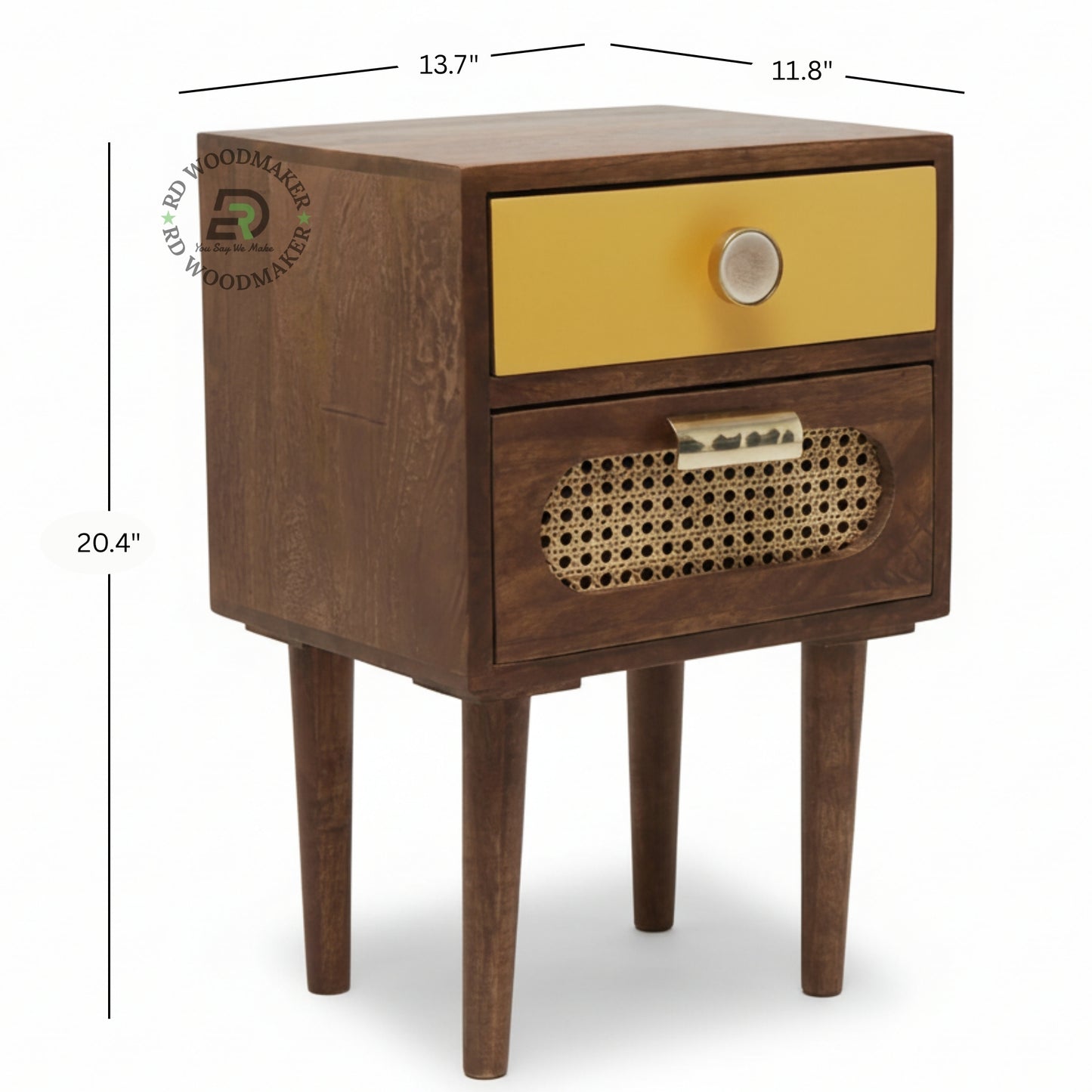RETRO WOODEN BEDSIDE TABLE WITH CANE DRAWER AND GOLD ACCENT