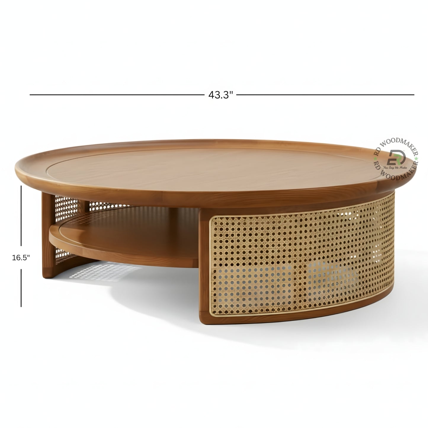 ROUND WOODEN COFFEE TABLE WITH CANE STORAGE AND SHELF
