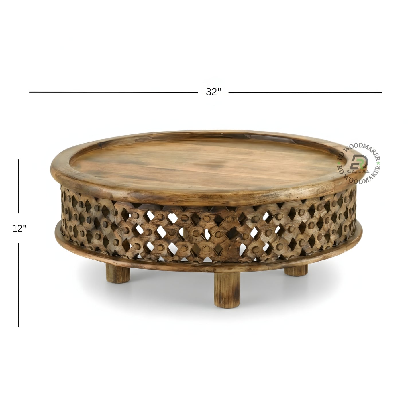 HANDCARVED ROUND WOODEN COFFEE TABLE WITH CUTWORK DESIGN