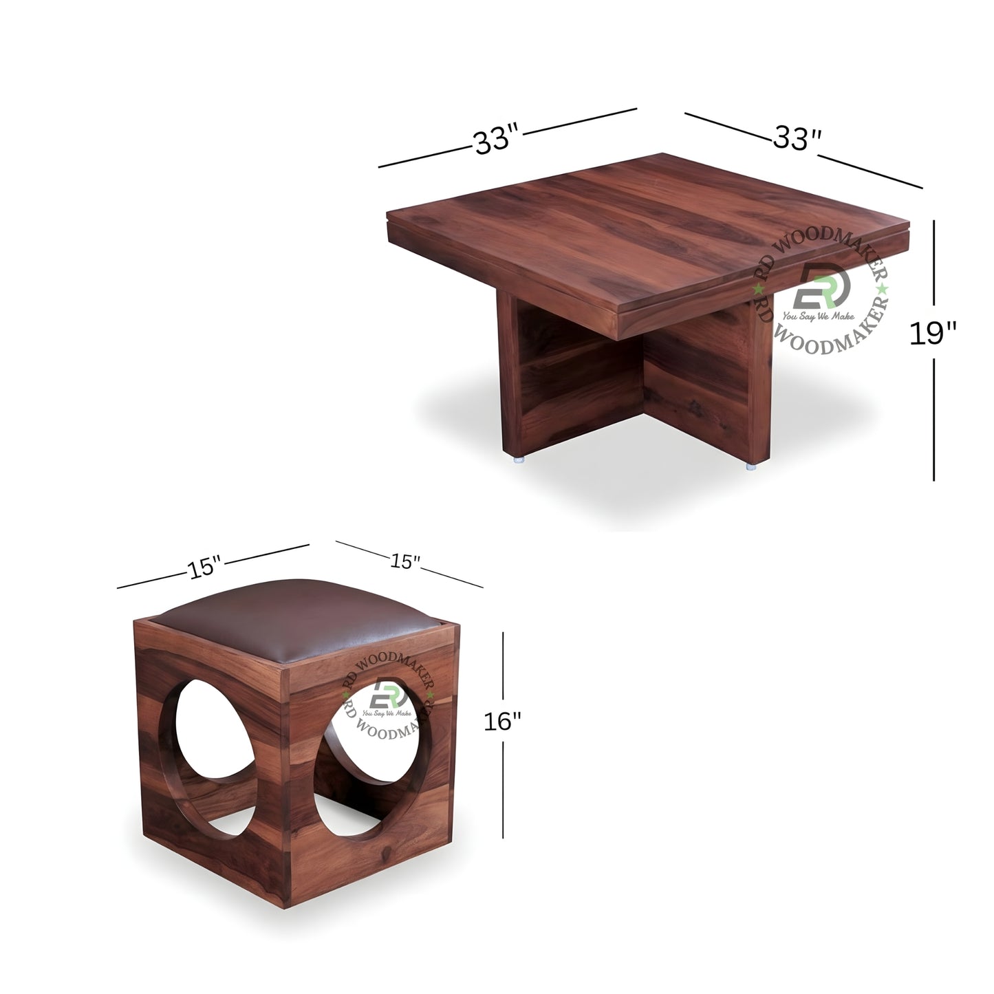 WOODEN COFFEE TABLE WITH STORAGE CUBE STOOLS SET