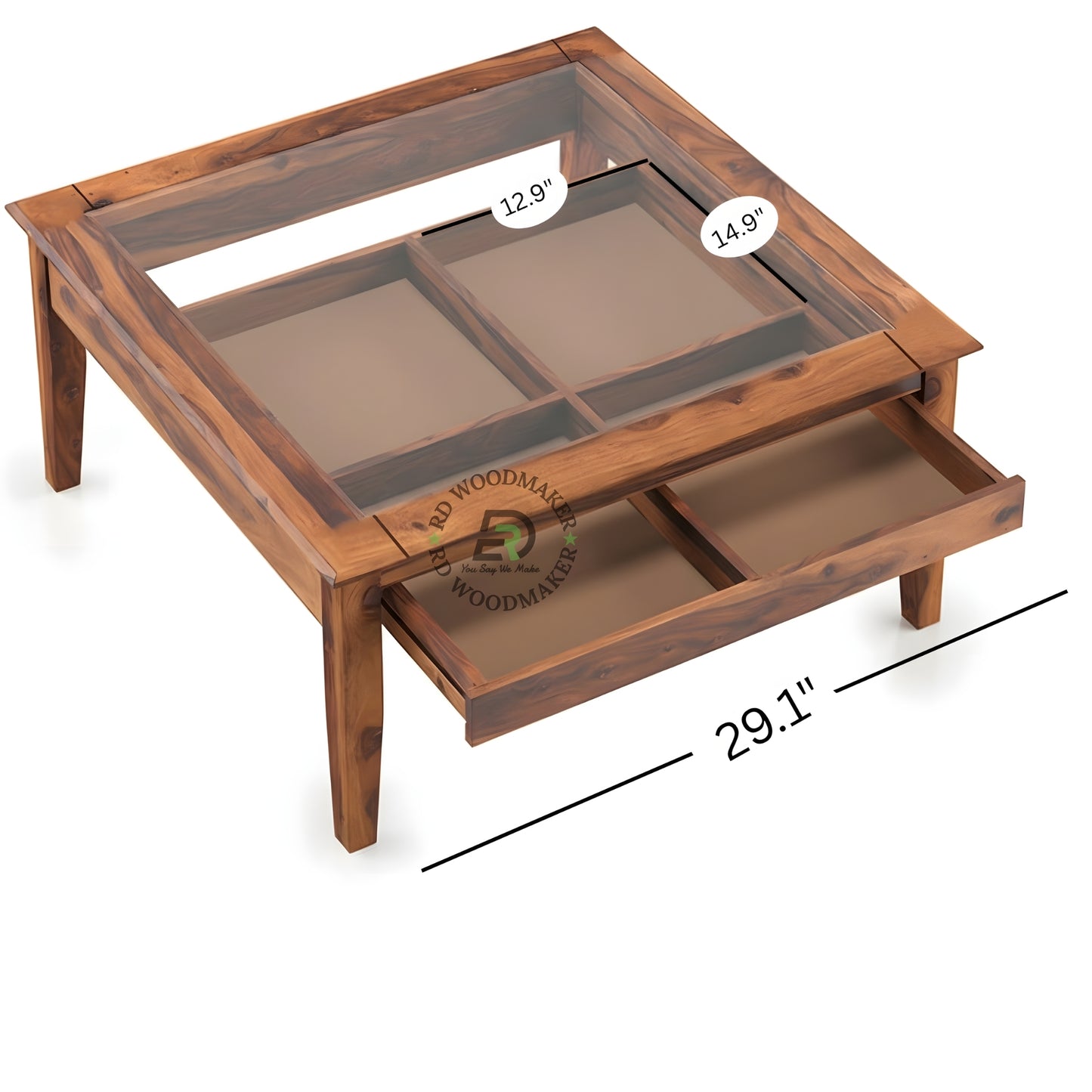 WOODEN COFFEE TABLE WITH GLASS TOP AND STORAGE DRAWER