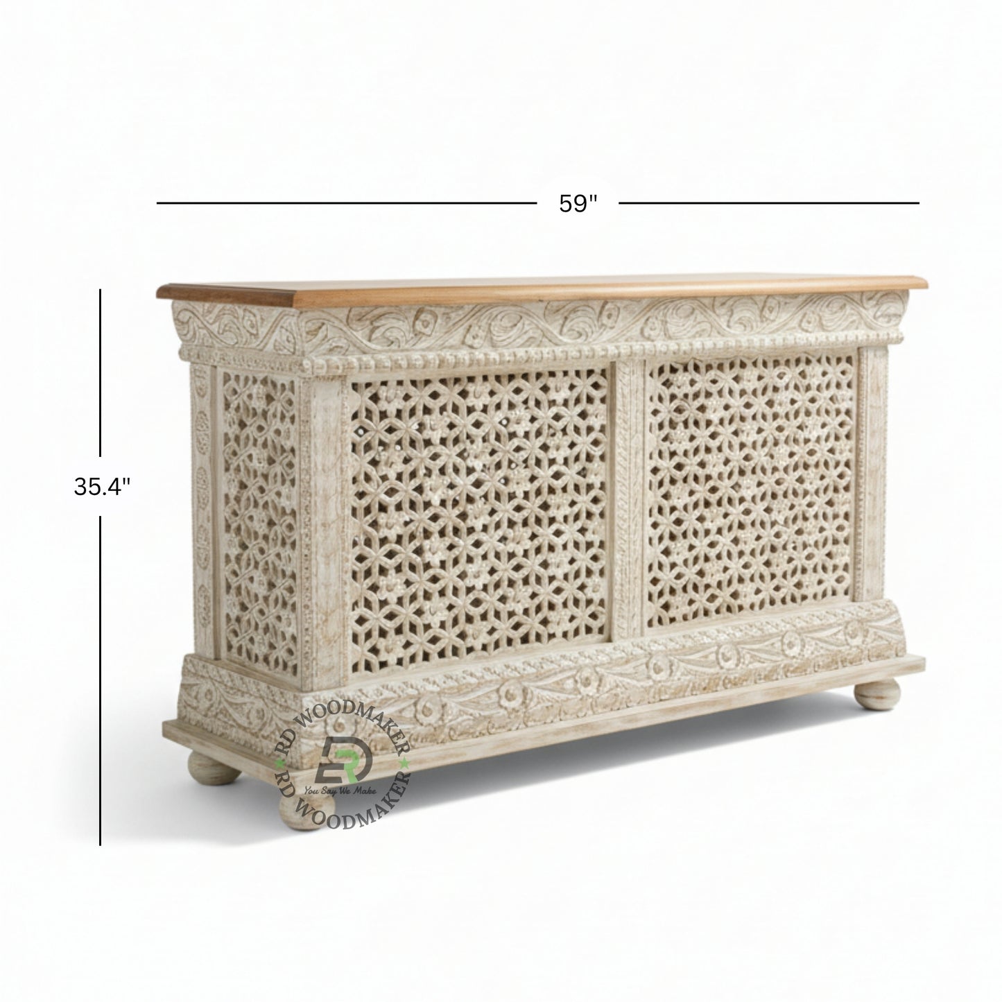 HANDCARVED JAALI WOOD CONSOLE CABINET WITH DISTRESSED WHITE FINISH