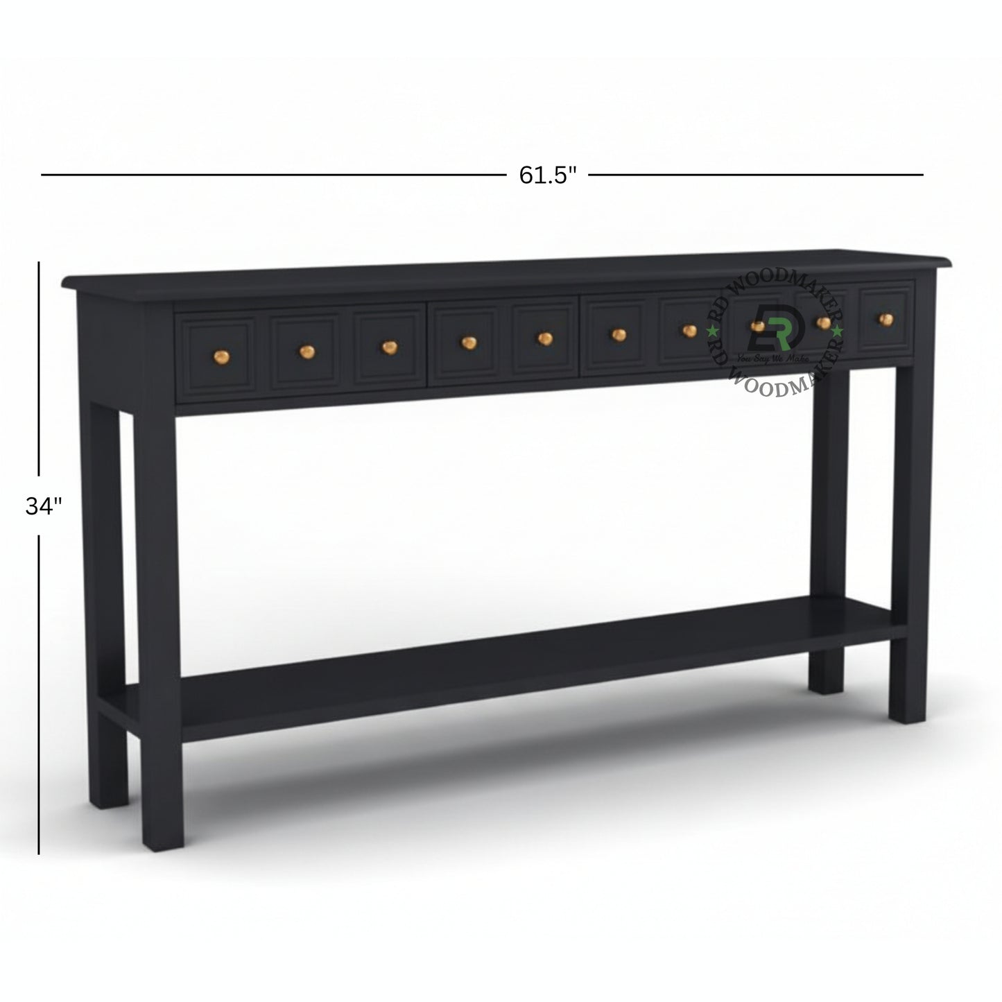MULTI DRAWER LONG BLACK CONSOLE TABLE WITH SHELF