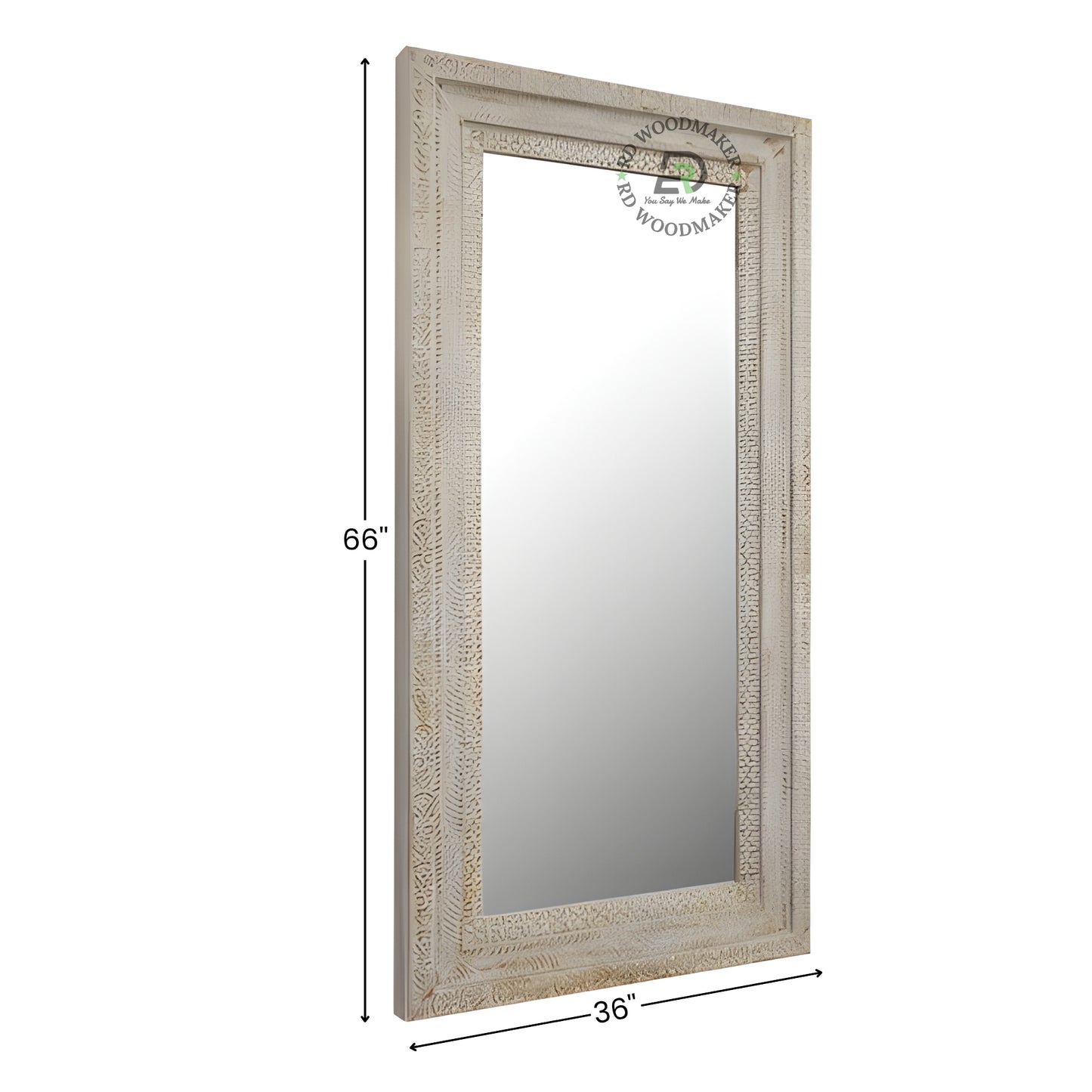 DISTRESSED WHITE CARVED FULL LENGTH WOODEN MIRROR