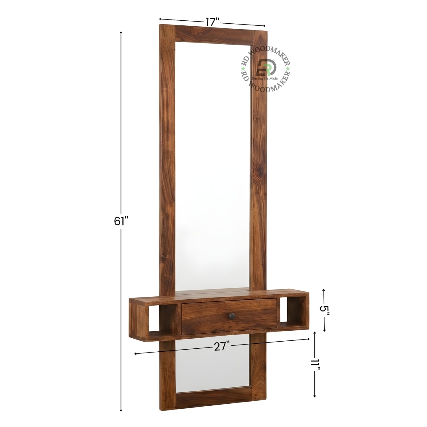 Wooden Wall Mirror with Storage Drawer and Shelves