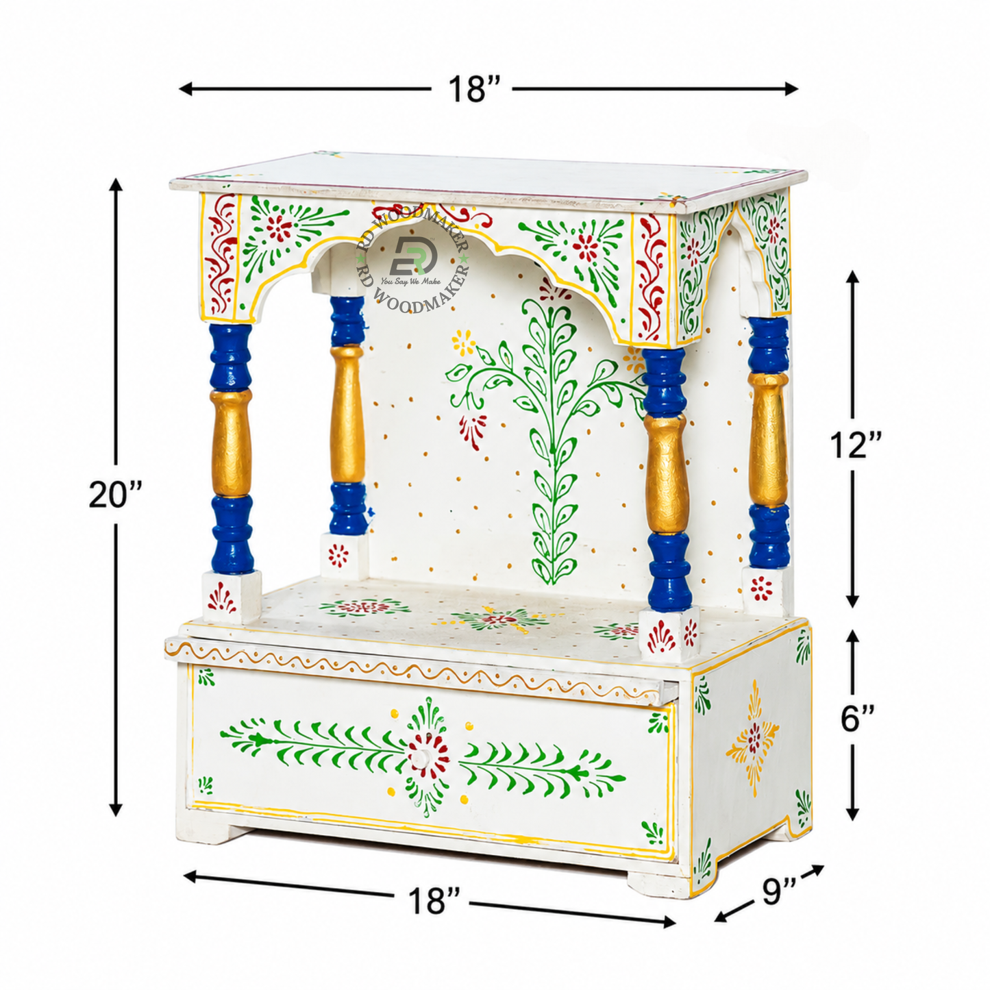 HAND PAINTED COMPACT WOODEN POOJA MANDIR WITH STORAGE DRAWER