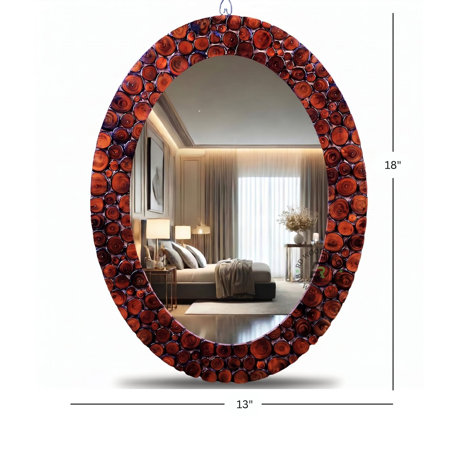 RED RESIN WOOD SLICE OVAL WALL MIRROR
