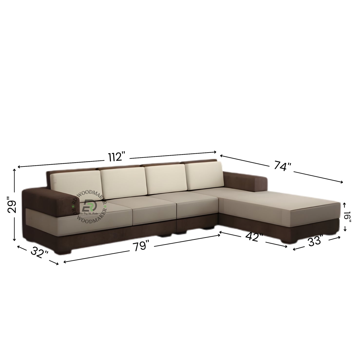 MODULAR L SHAPE WOODEN SOFA WITH BEIGE CUSHIONS