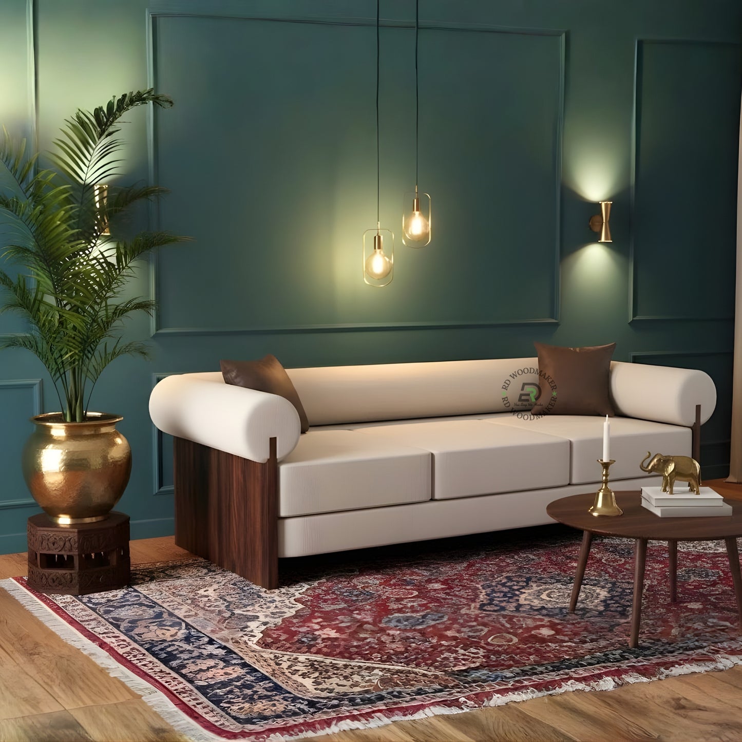 CONTEMPORARY CREAM 3 SEATER SOFA WITH CYLINDRICAL ARMRESTS