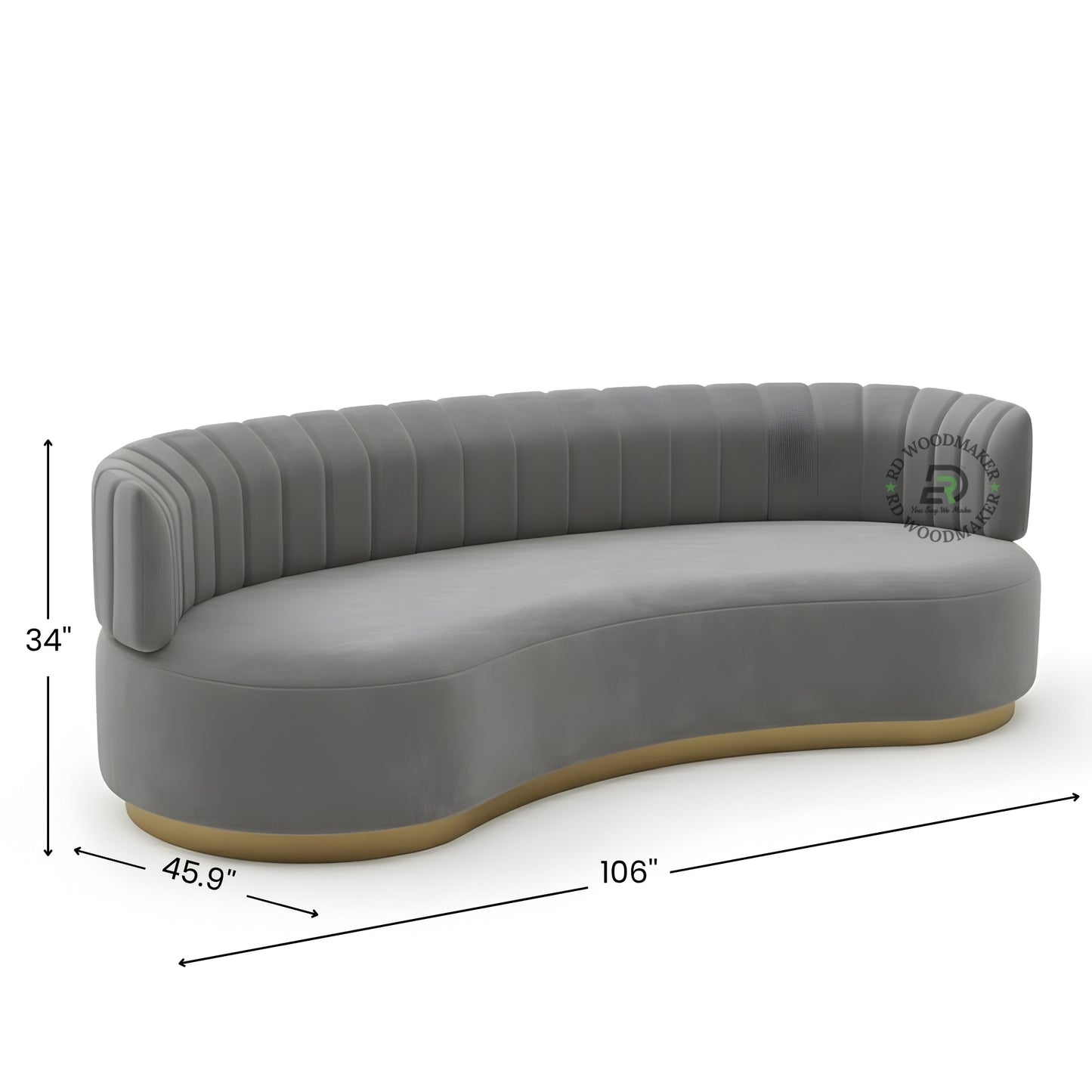 LUXURY CURVED GREY VELVET SOFA WITH GOLD BASE