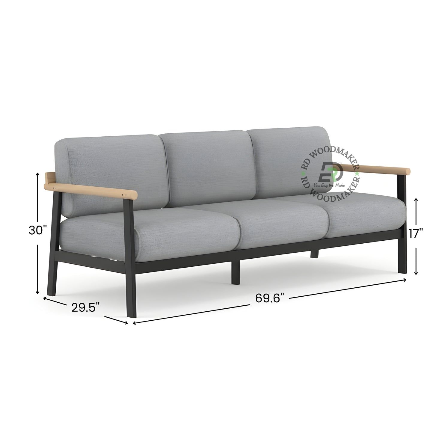 MINIMALIST GREY 3 SEATER SOFA WITH WOODEN ARMRESTS