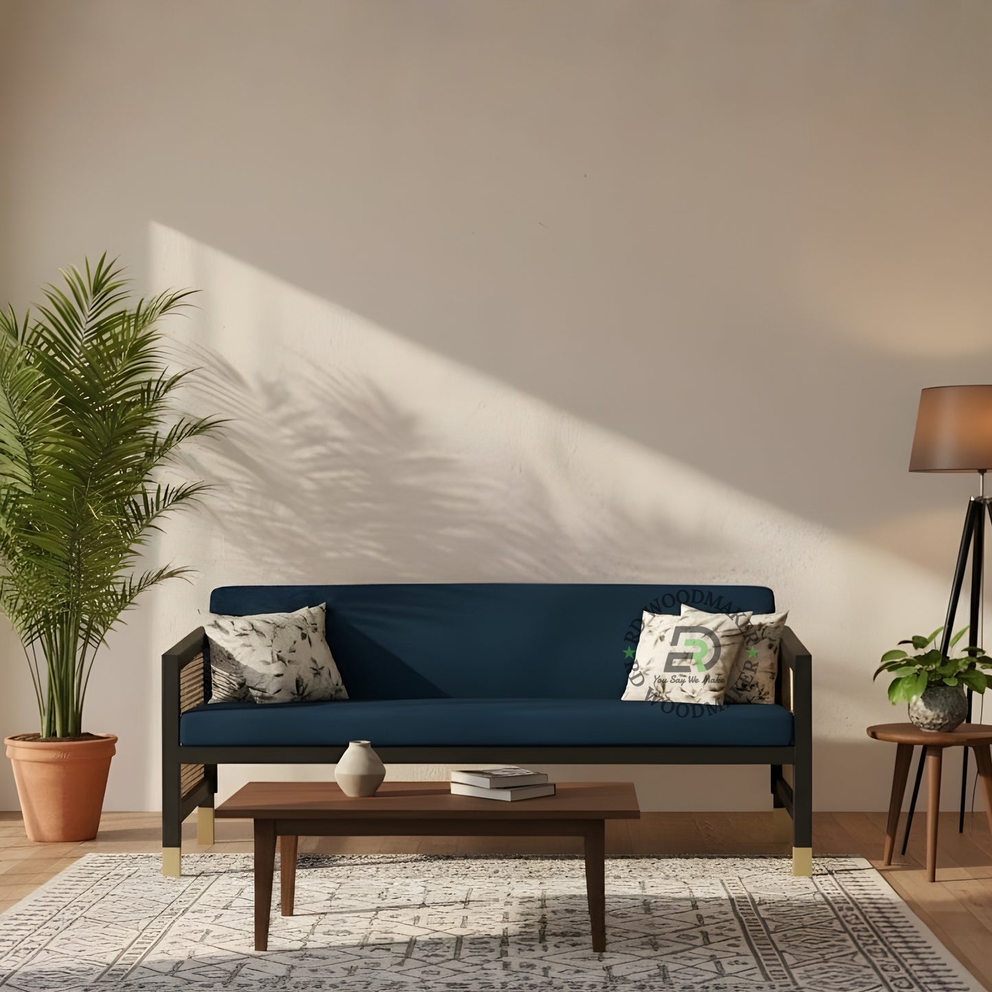 NAVY BLUE FABRIC SOFA WITH CANE SIDES AND GOLD FEET