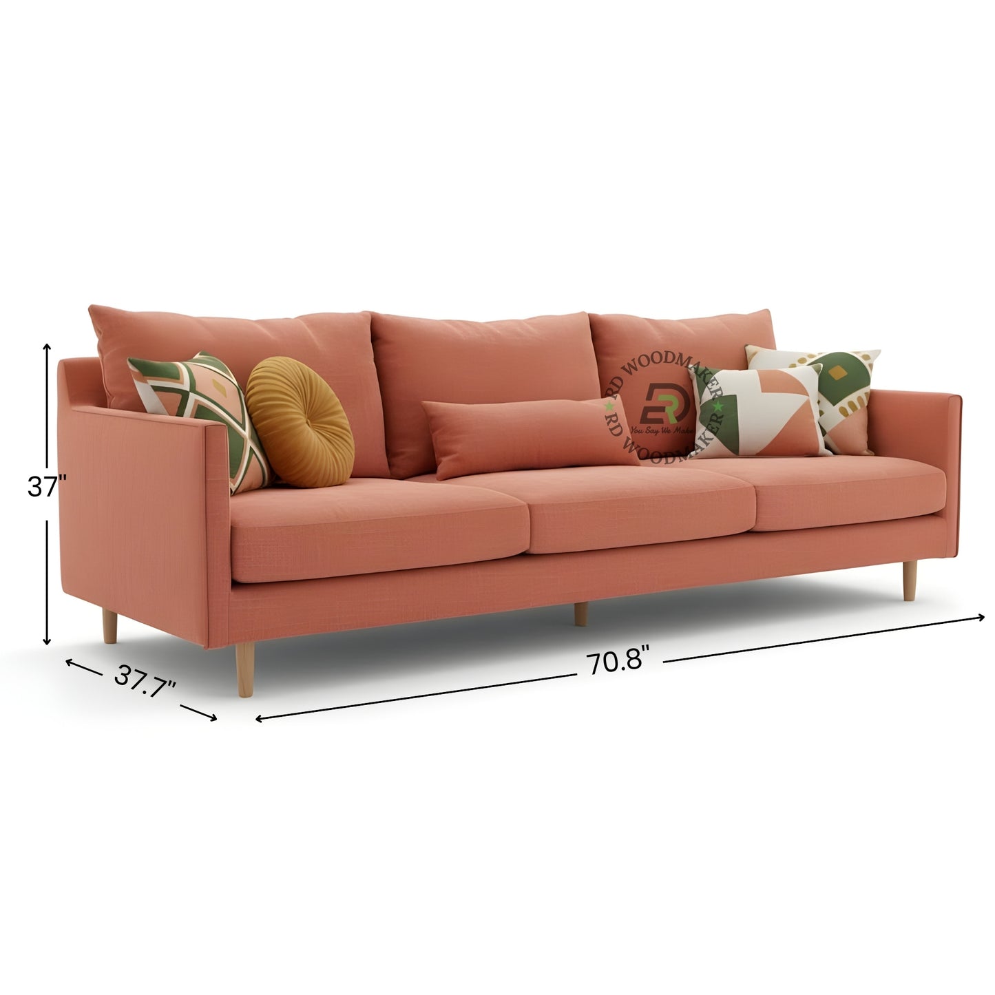 CONTEMPORARY CORAL PEACH FABRIC 3 SEATER SOFA