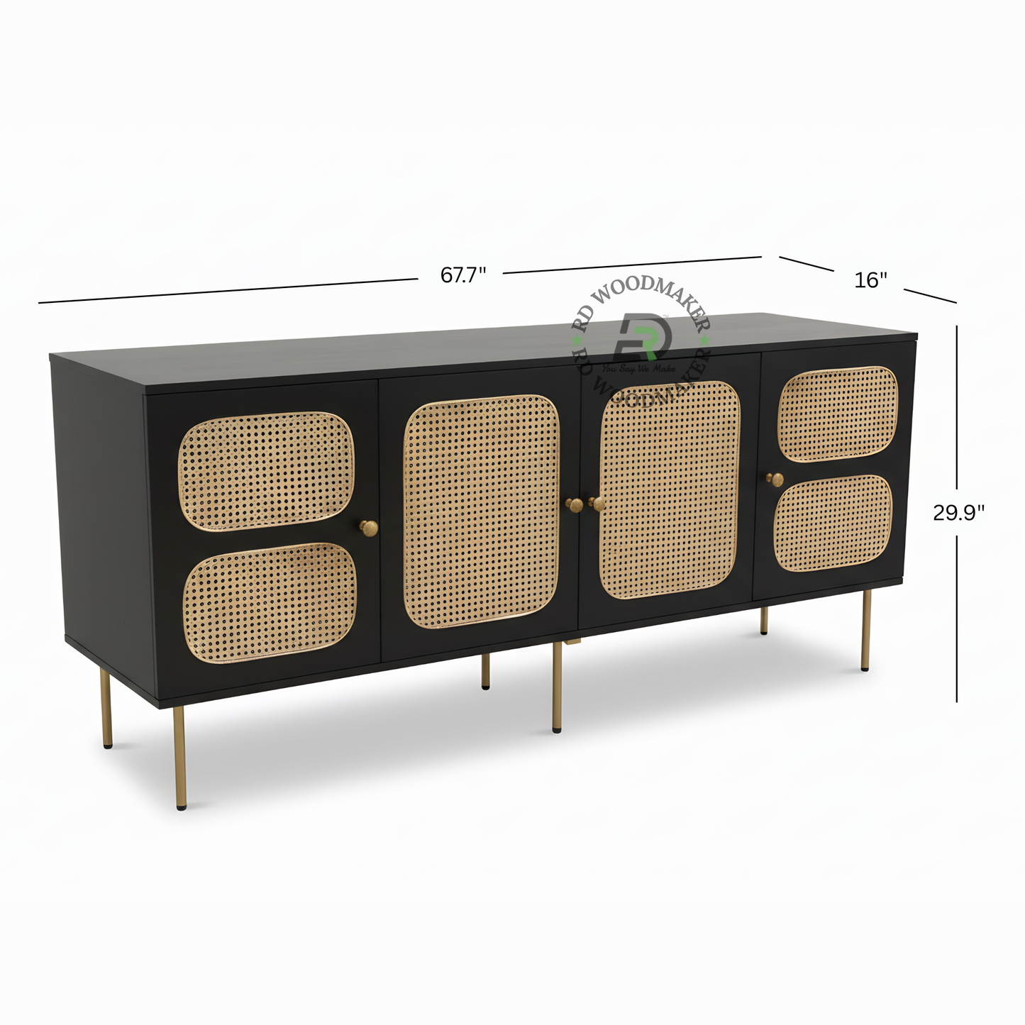 MODERN BLACK CANE PANEL SIDEBOARD WITH GOLD LEGS