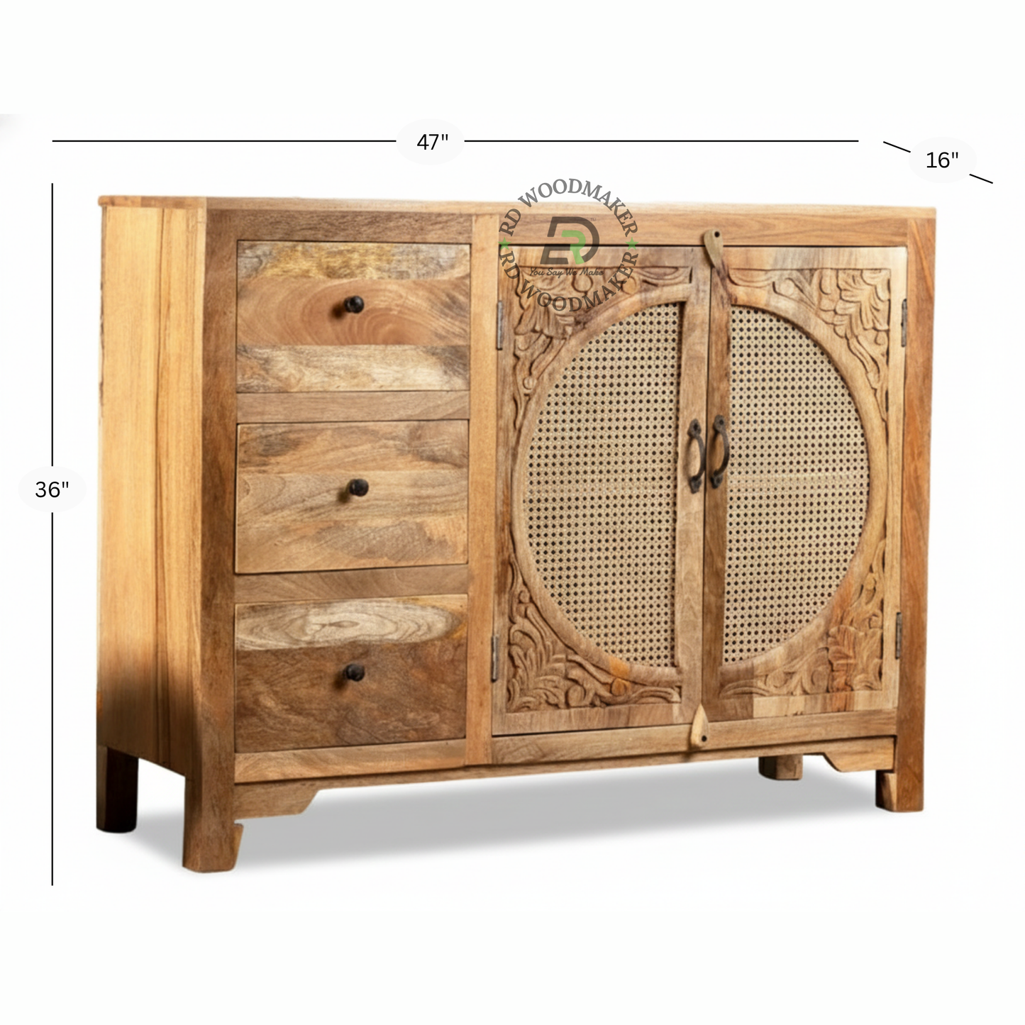 HANDCARVED CANE DESIGN WOODEN SIDEBOARD