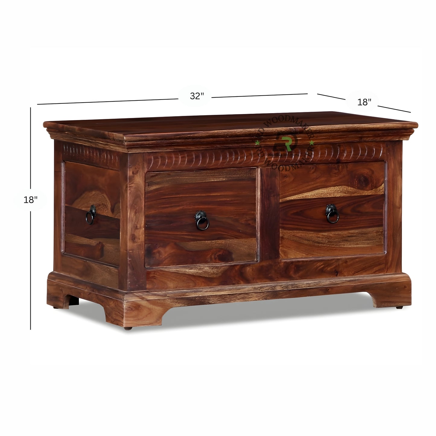 HAND CARVED SOLID WOOD STORAGE TRUNK WITH DRAWERS AND RING HANDLES